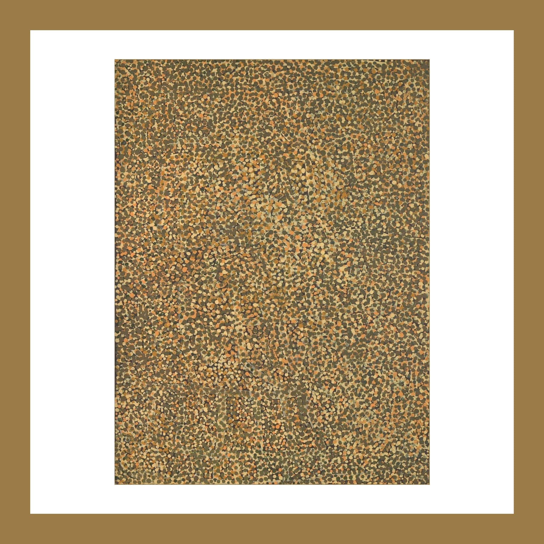 Painting covered edge to edge in small dots of ochre, brown and cream