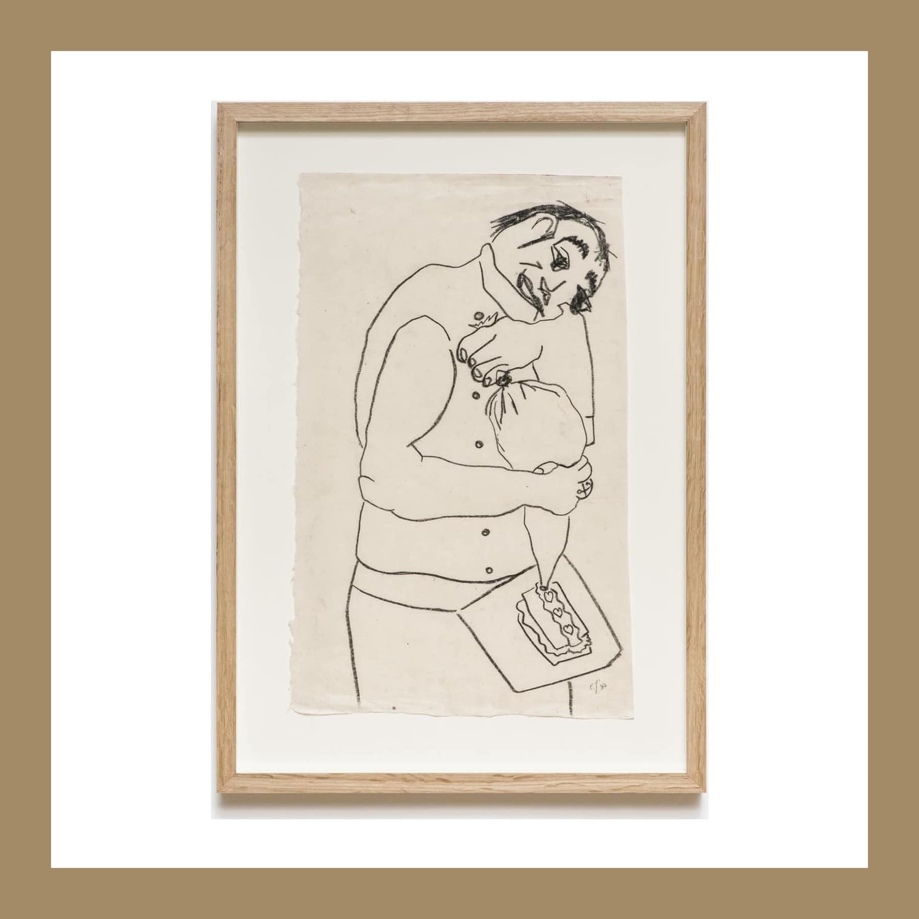 Framed black line drawing of a chef with a moustache squeezing a piping bag over a cake