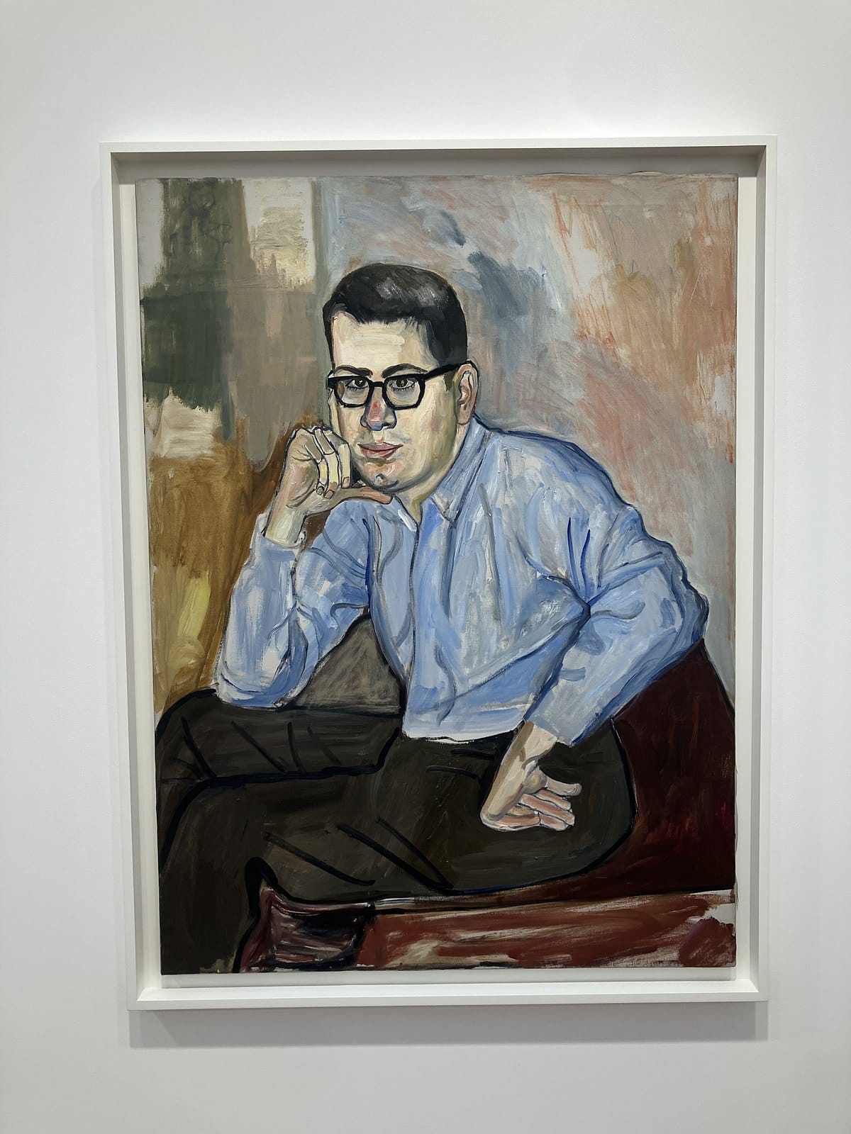 Alice Neel portrait of a seated man in black glasses and a pale blue shirt, resting his chin on his hand