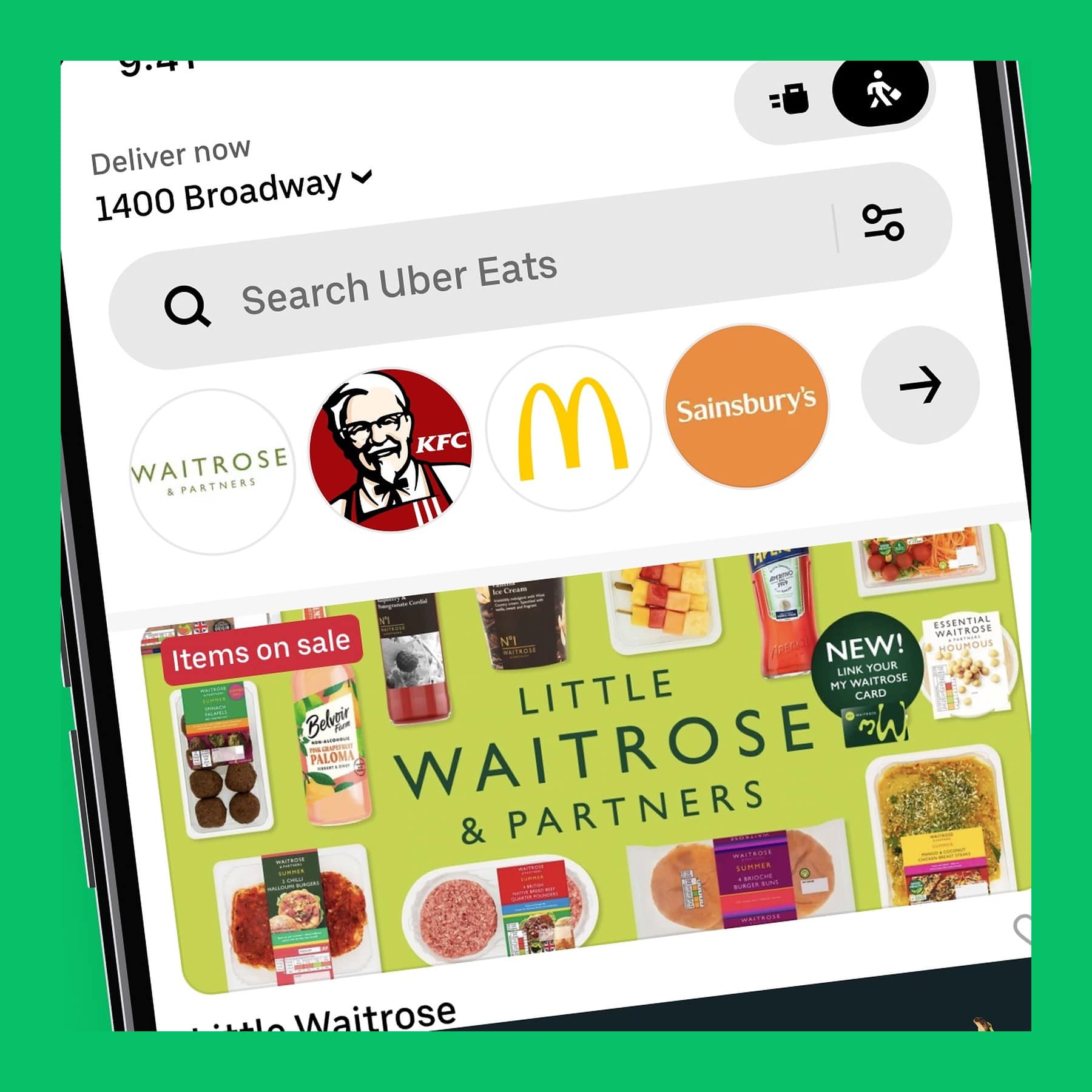 Uber Eats app home screen showing Little Waitrose, KFC, McDonald's and Sainsbury's, on a green border