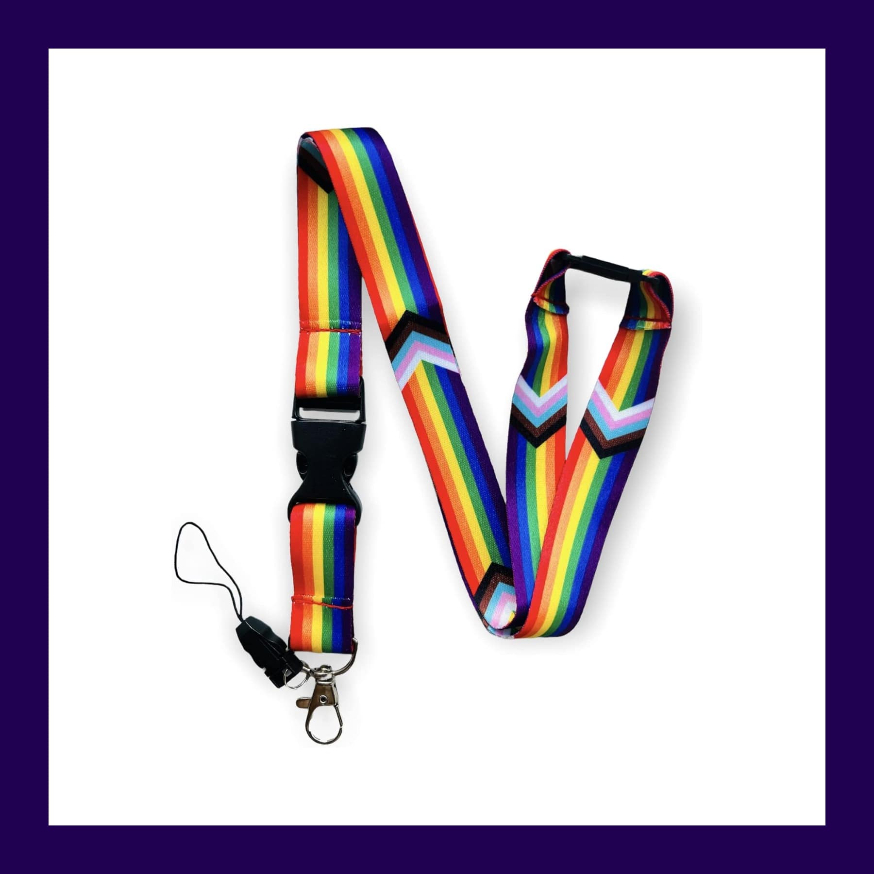Rainbow lanyard printed with the Progress Pride flag, with a black buckle clip, phone loop and metal hook