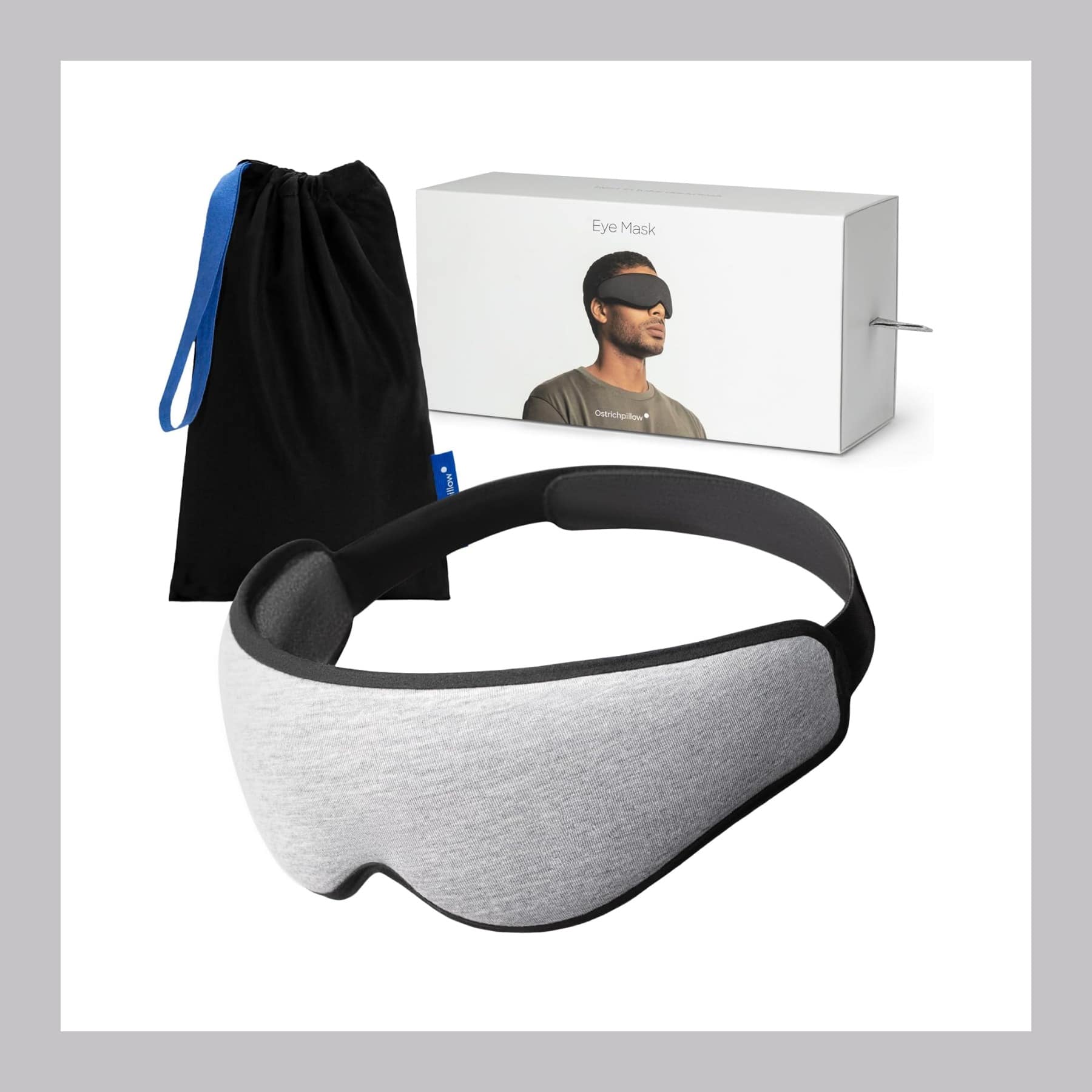 Ostrichpillow Eye Mask in Midnight Grey with its black travel pouch and box
