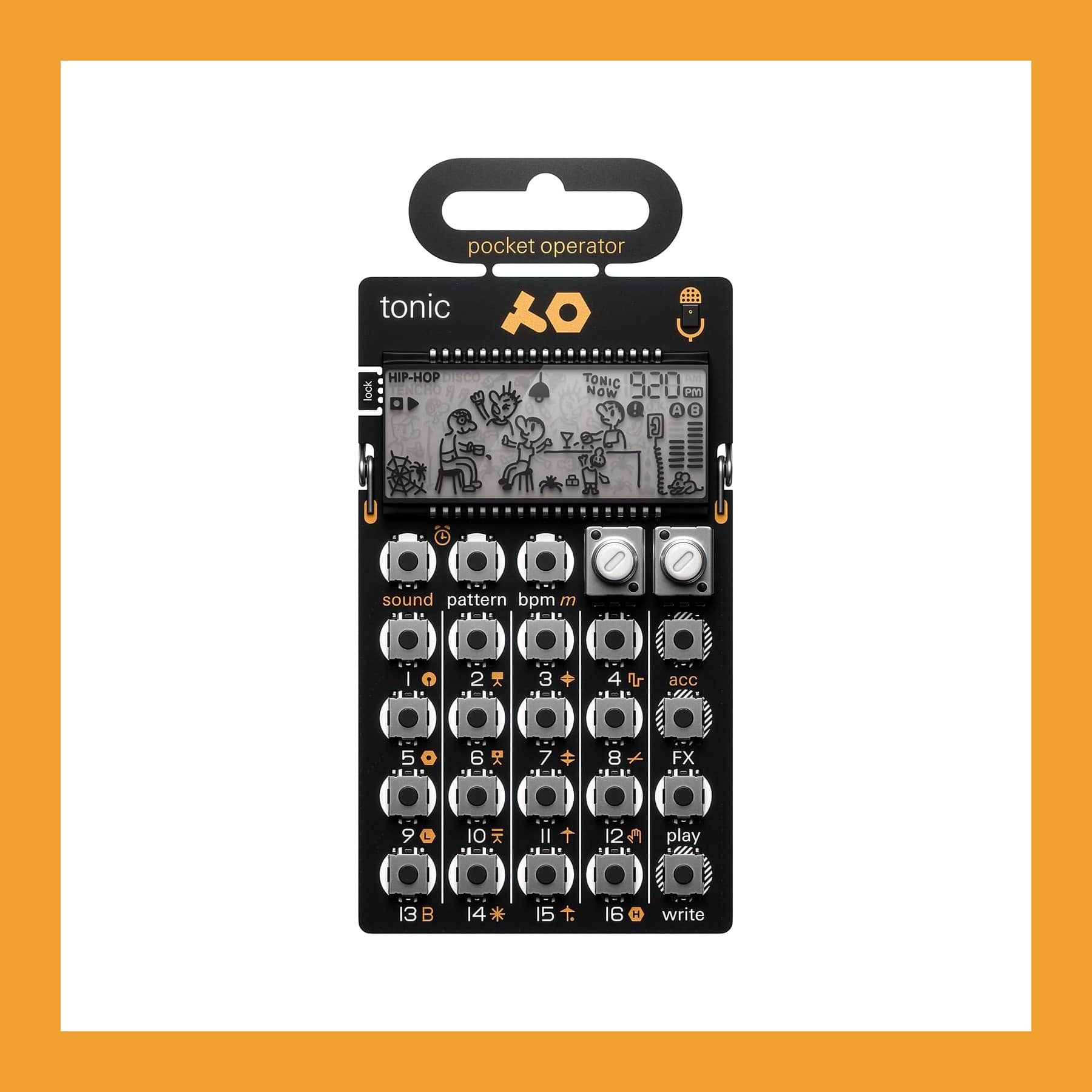 Teenage Engineering PO-32 Tonic Pocket Operator drum machine, a black circuit board with an LCD screen and 16 numbered buttons