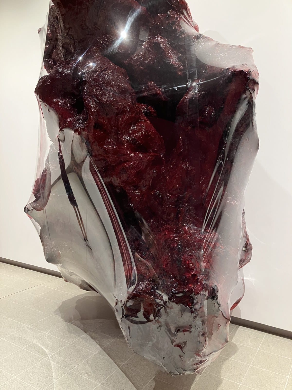 Dark red silicone and paint form wrapped tightly in clear plastic, by Anish Kapoor