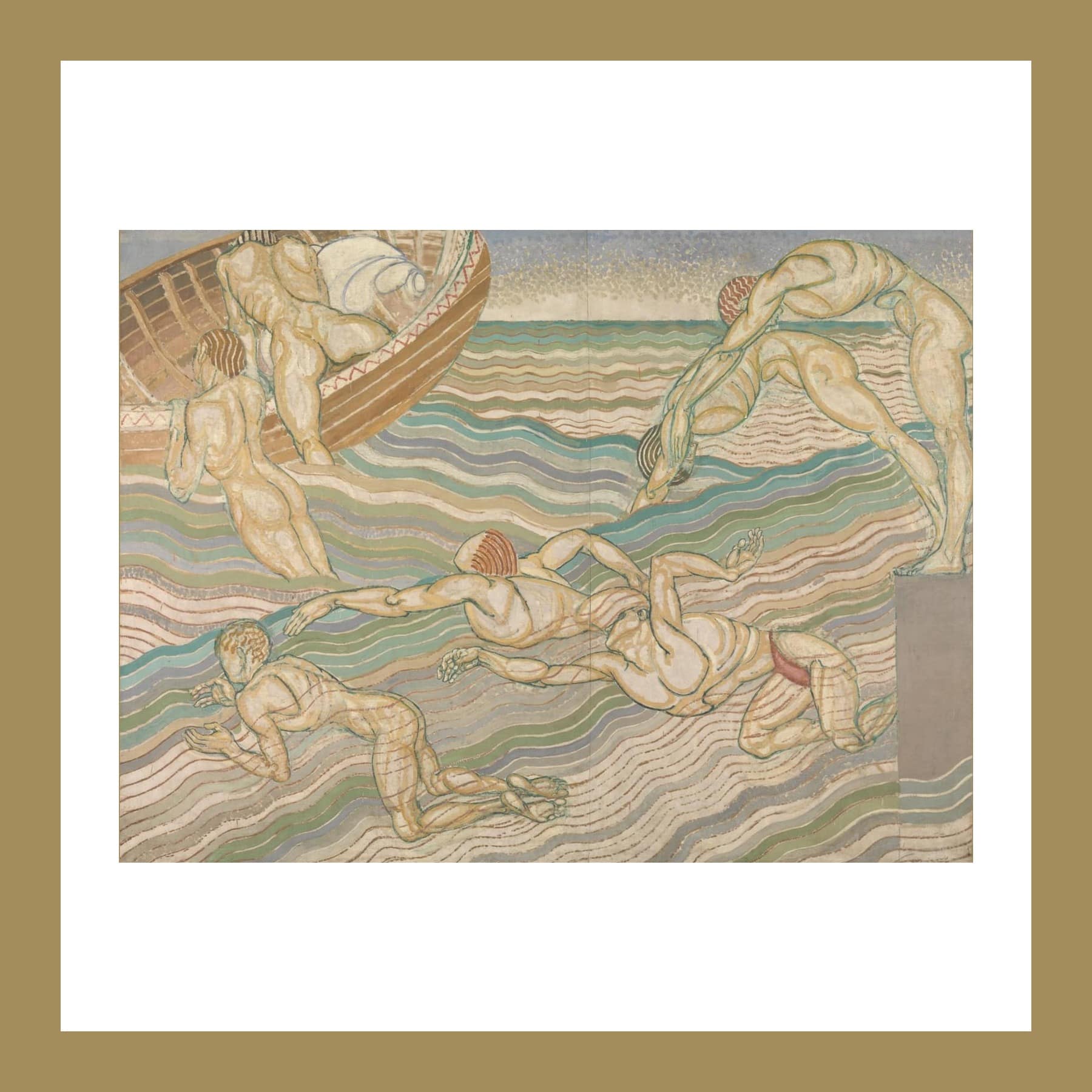 Painting of muscular male swimmers diving and swimming between stripes of green and white water, with a boat at the top