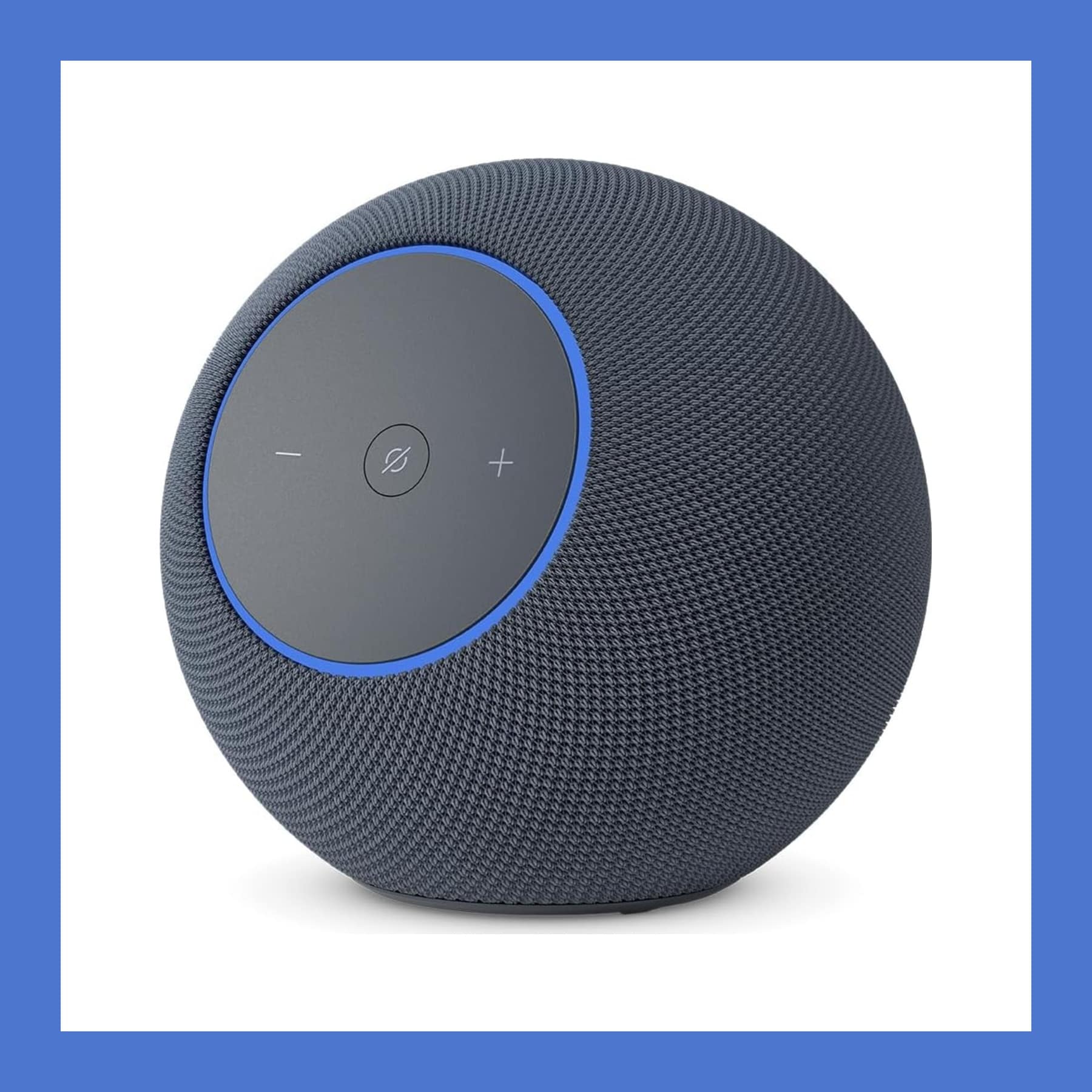 Amazon Echo Studio 2025 spherical smart speaker in Graphite fabric with a blue light ring around the front control panel