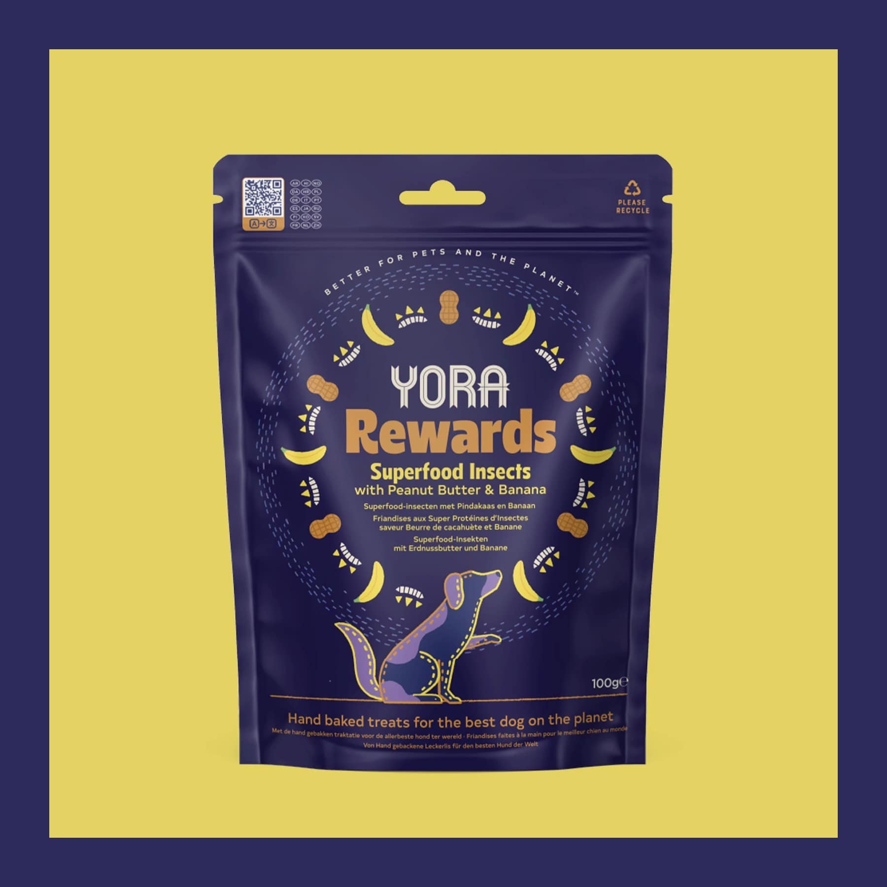 Yora Rewards insect protein dog treats with peanut butter and banana, 100g pouch