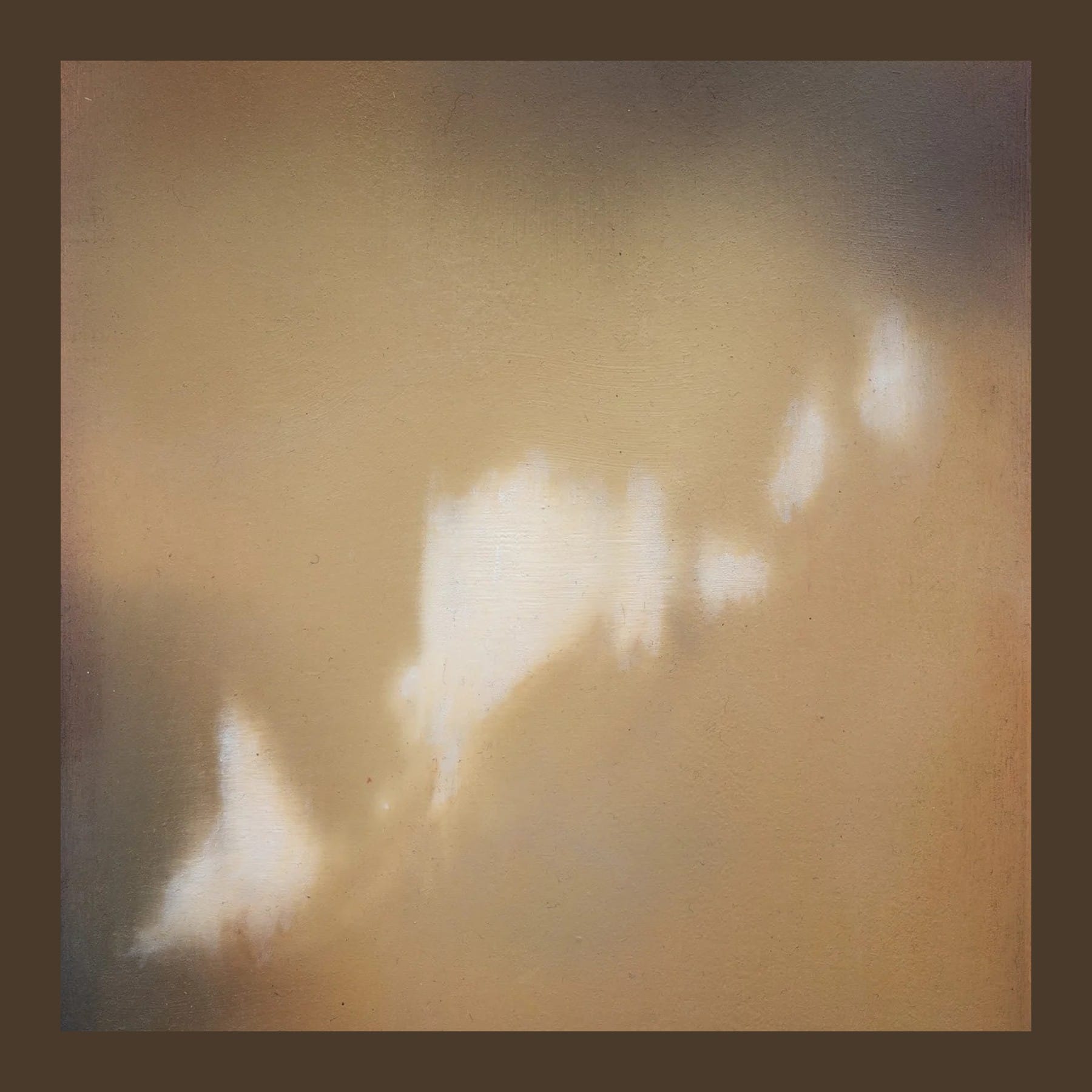 Detail of Emma Tod's painting Thermal: soft-focus ochre and brown haze with ragged white shapes drifting across it