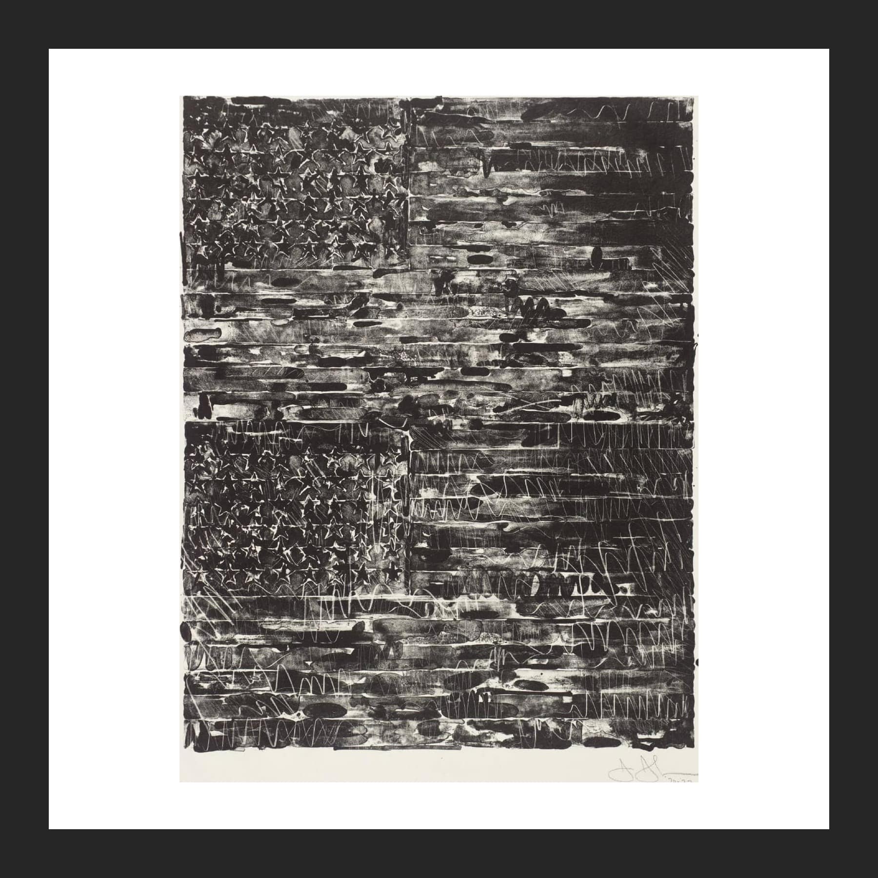 Black-and-white lithograph of two American flags stacked one above the other