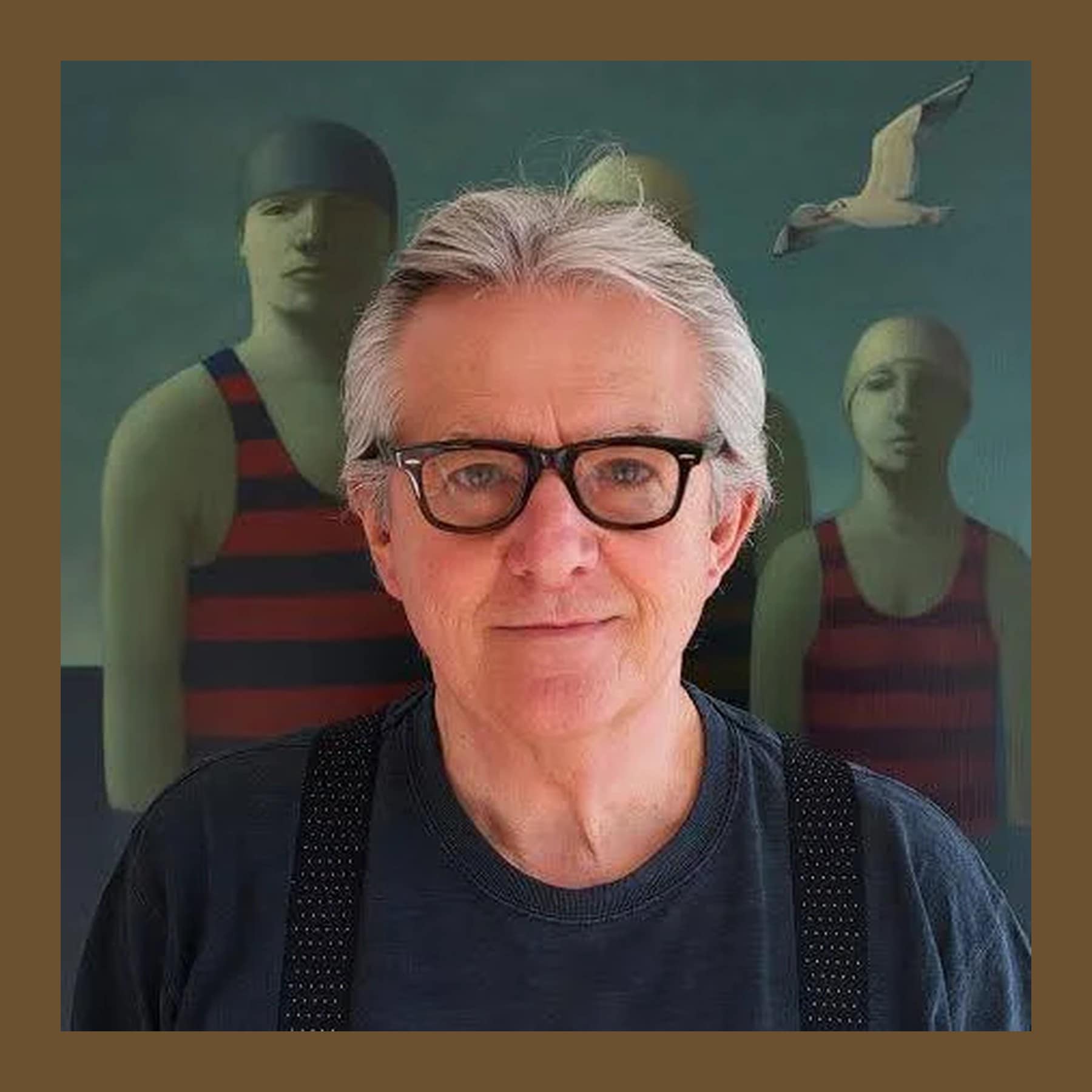 George Underwood in black glasses and braces in front of one of his paintings of figures in striped swimsuits