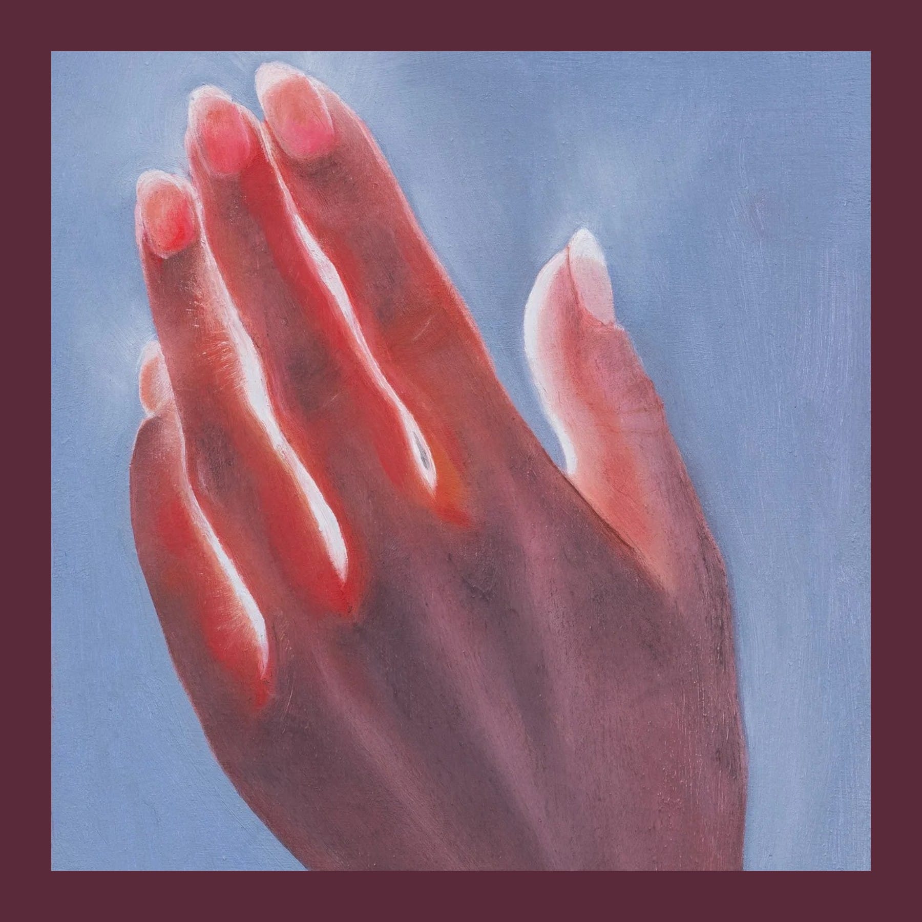 Holly Rowett painting of a raised hand against a pale blue background, with light glowing red through the fingers