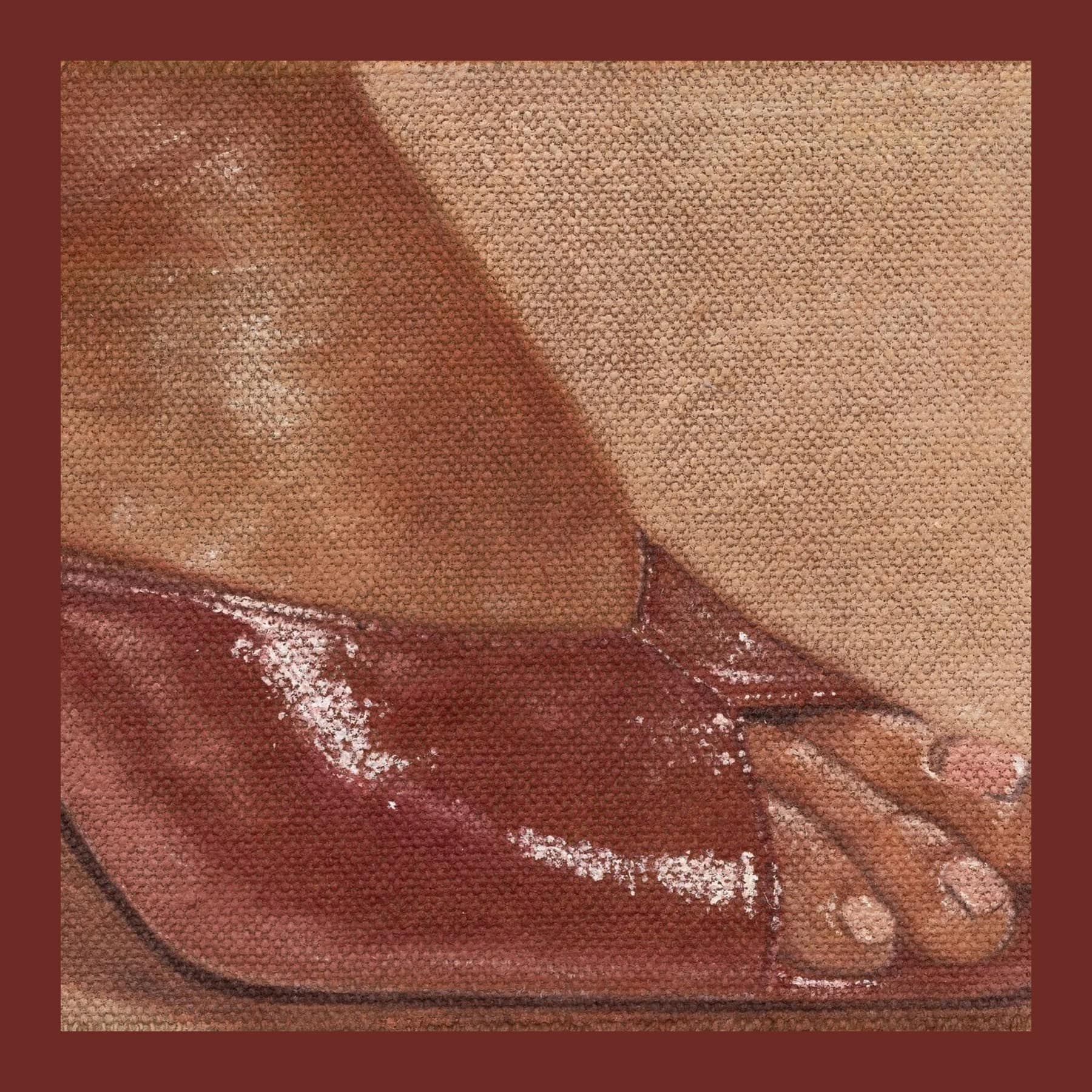 Detail of Xingxin Hu's painting She Misses Someone She's Never Met: a foot in a glossy red mule, painted on coarse linen