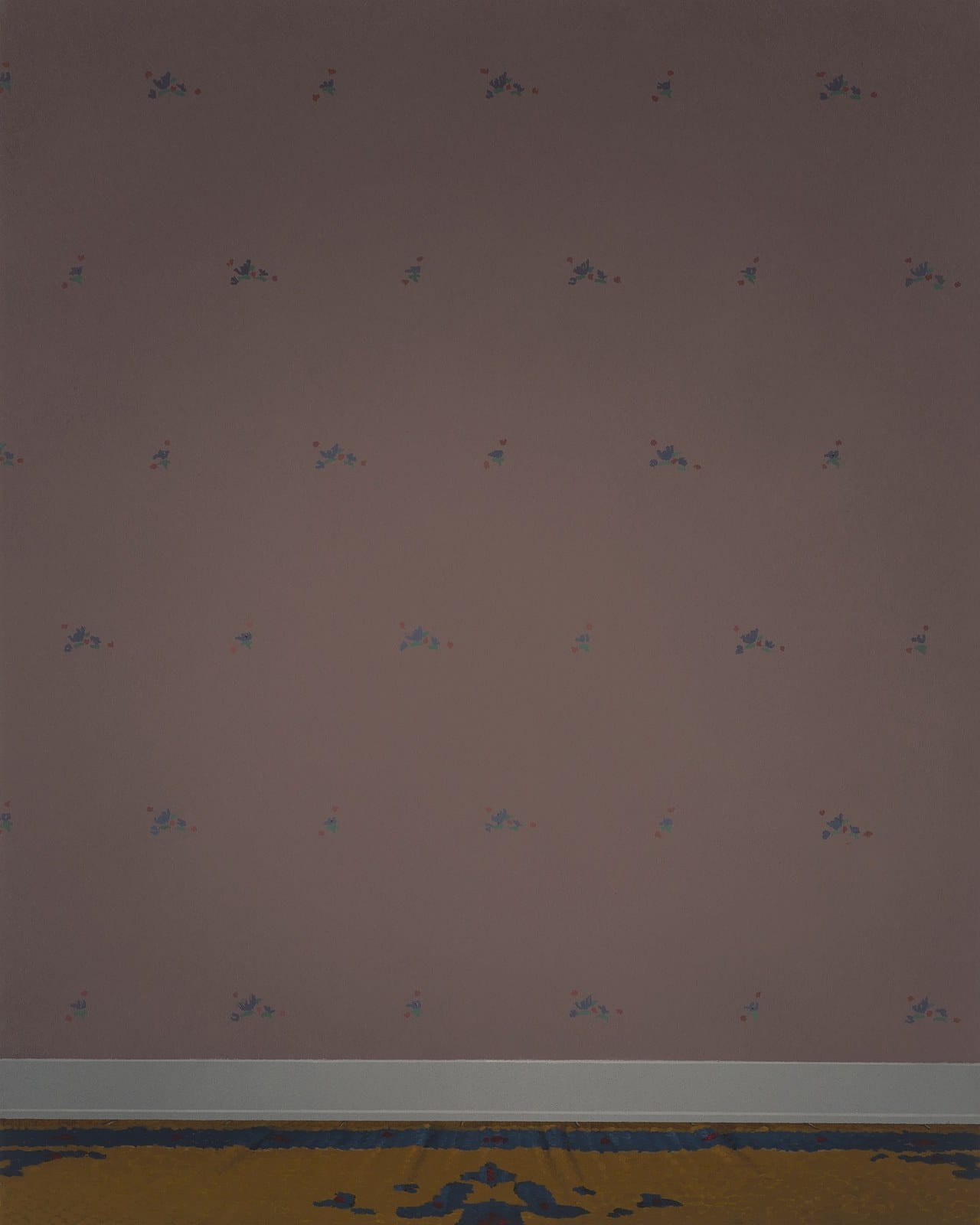 Mauve room with pale skirting: empty wall above a patterned floor. Painting by Quentin James McCaffrey.