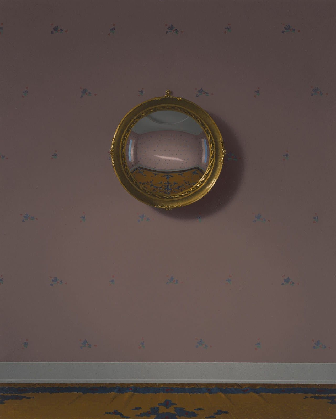 Mauve room with pale skirting: round convex mirror on the wall. Painting by Quentin James McCaffrey.