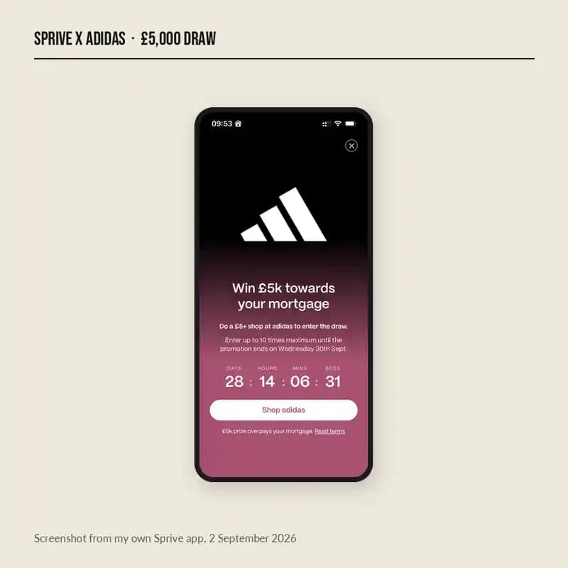 Sprive app screen for the adidas prize draw, showing Win £5k towards your mortgage and a countdown to 30 September