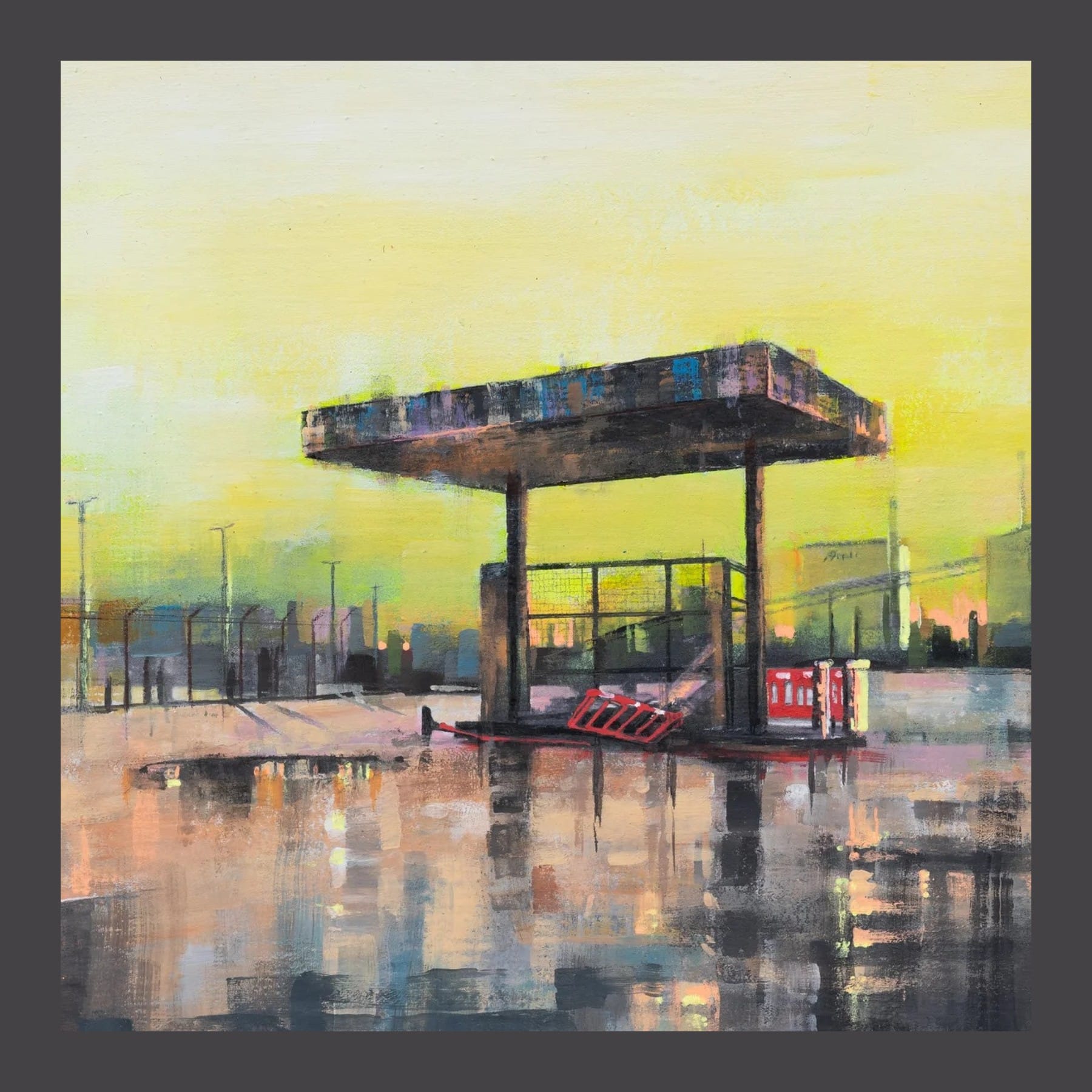Painting by Peter James Houghton of an empty concrete canopy on a wet, puddled forecourt under a lemon-yellow evening sky