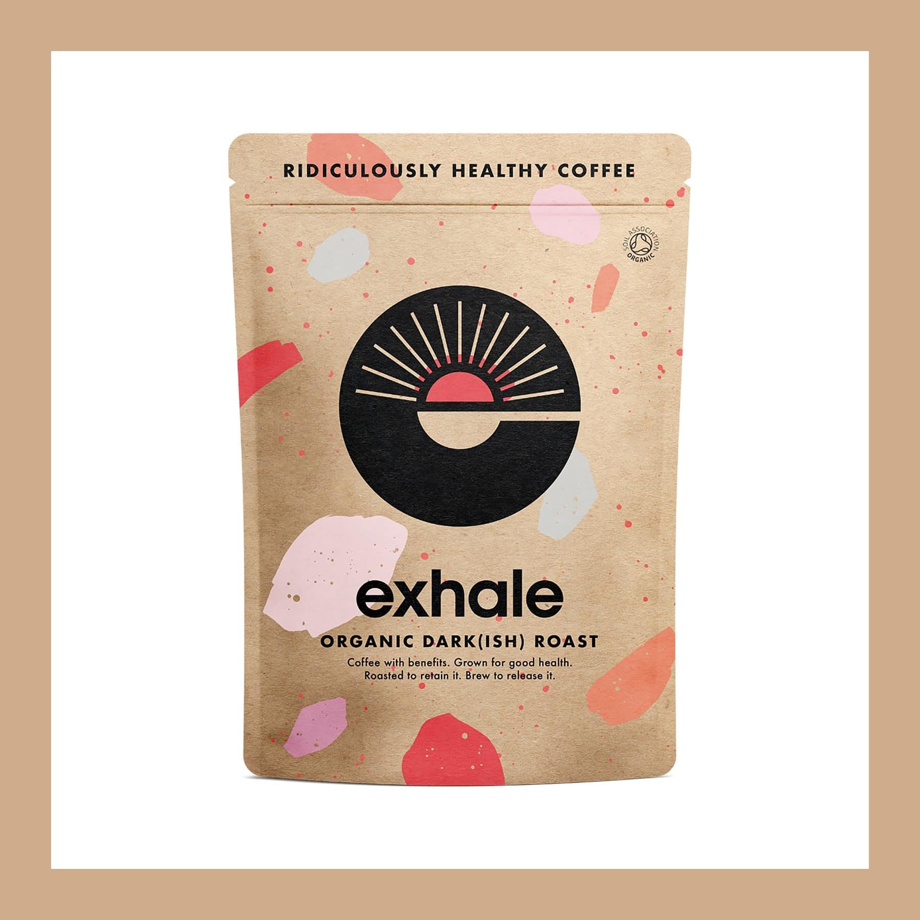 Exhale Coffee Organic Dark(ish) Roast pouch on a kraft border