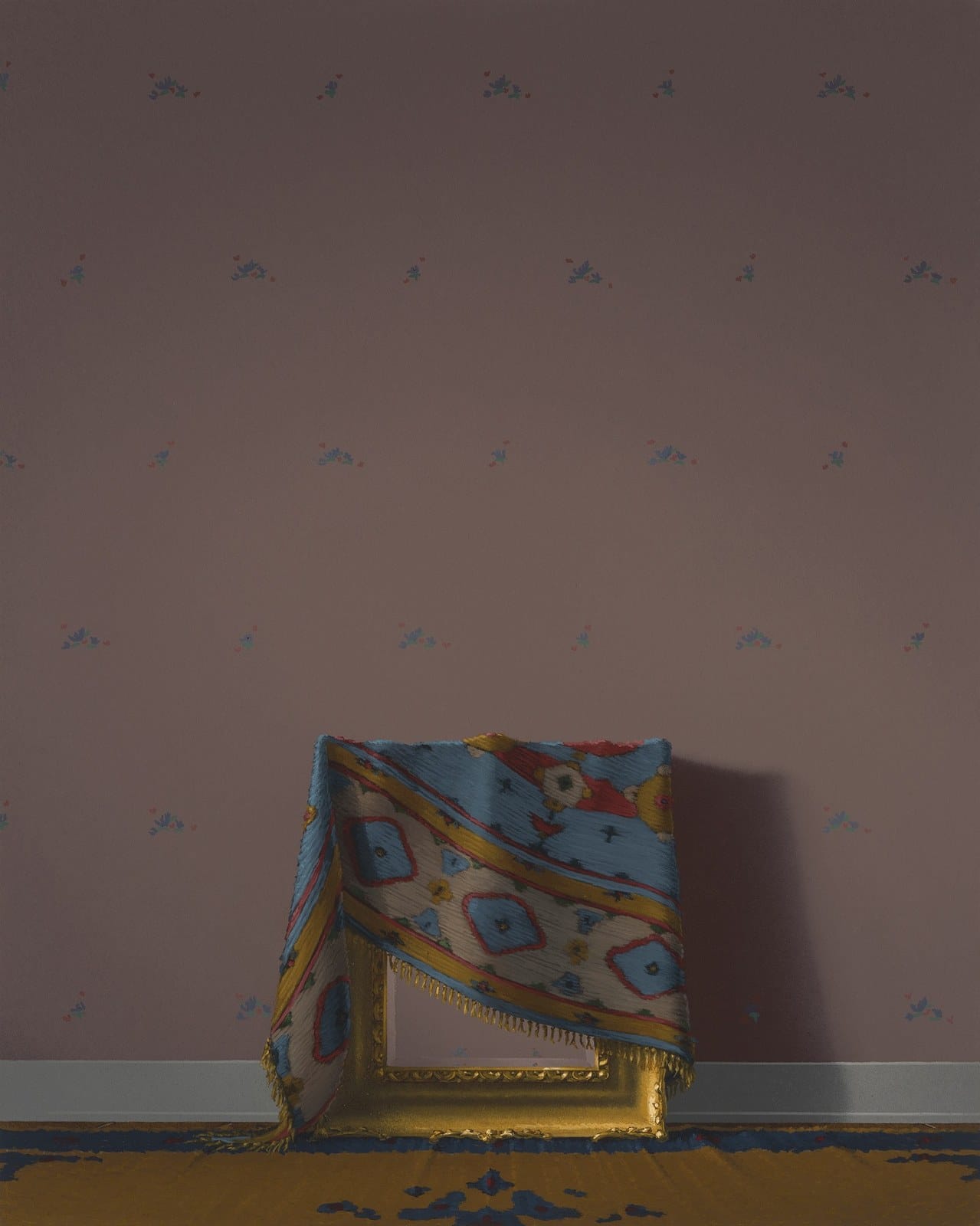 Mauve room with pale skirting: patterned cloth over a frame on the floor. Painting by Quentin James McCaffrey.