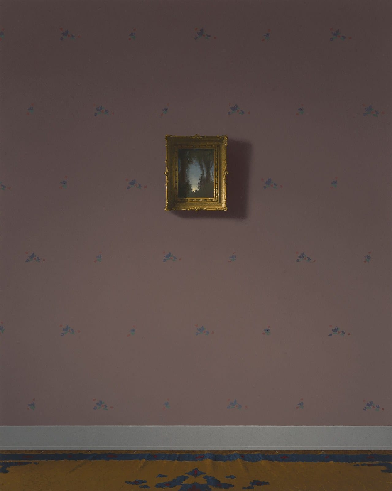 Mauve room with pale skirting: tiny framed picture on the wall. Painting by Quentin James McCaffrey.
