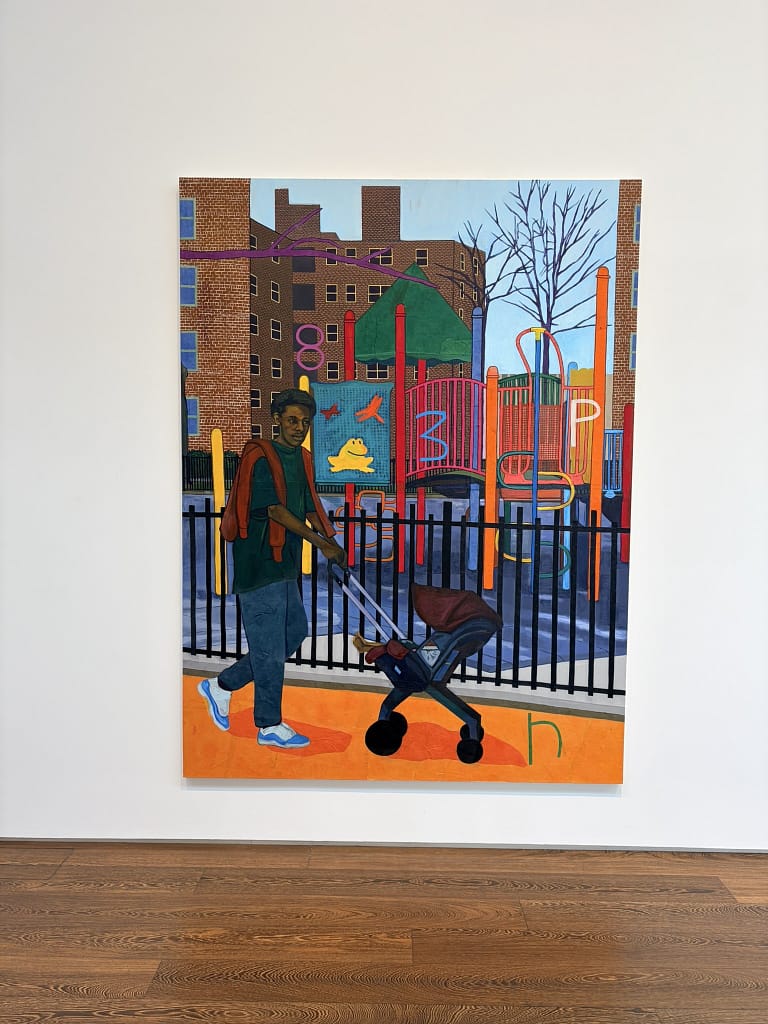 Painting of a young man pushing a buggy past a colourful playground and brick flats, hung on a white gallery wall