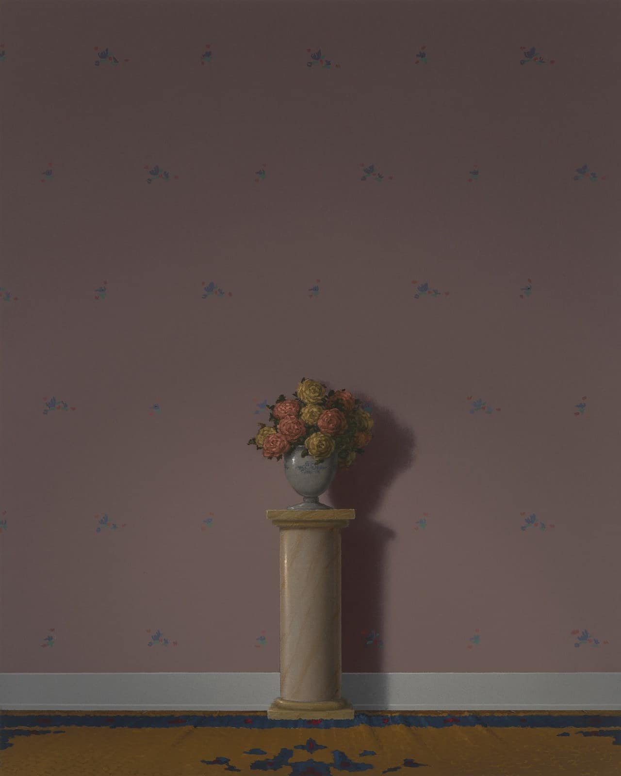 Mauve room with pale skirting: bouquet on a stone column. Painting by Quentin James McCaffrey.