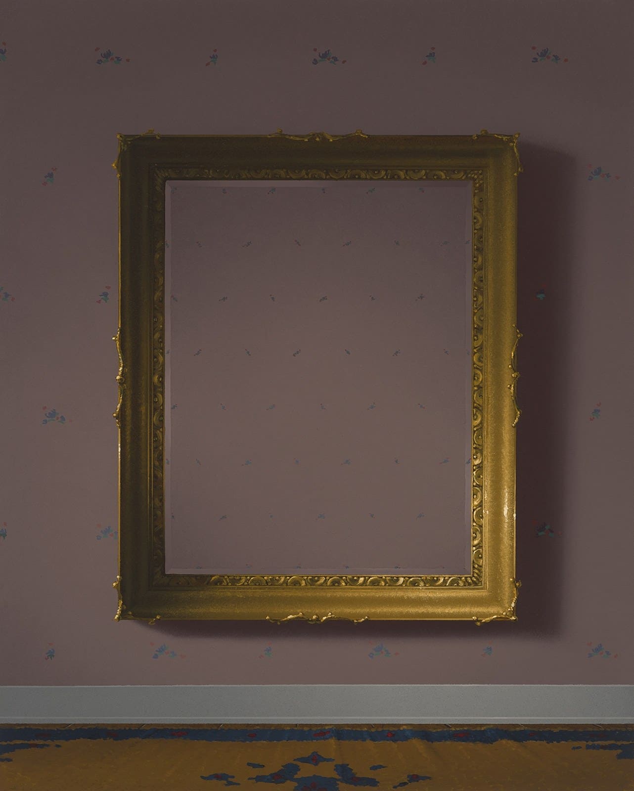Mauve room with pale skirting: large empty gilt frame on the wall. Painting by Quentin James McCaffrey.
