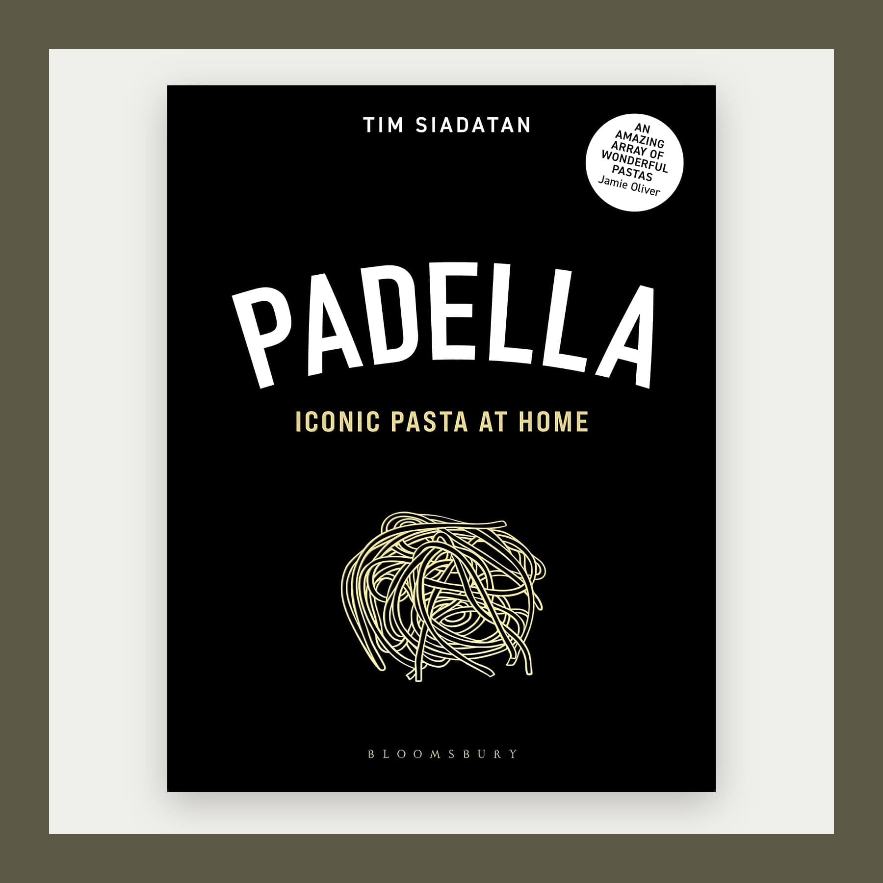 Black cover of the Padella cookbook with a drawing of a nest of pasta, in an olive frame