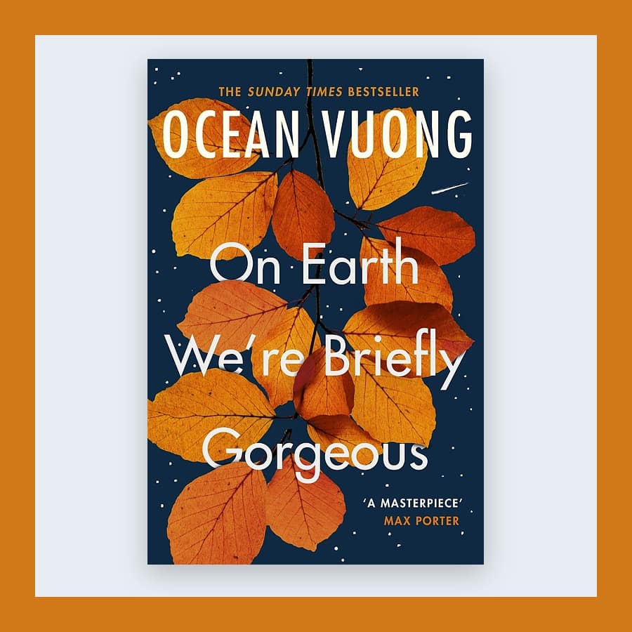 Navy cover of On Earth We're Briefly Gorgeous with orange leaves, in an orange frame