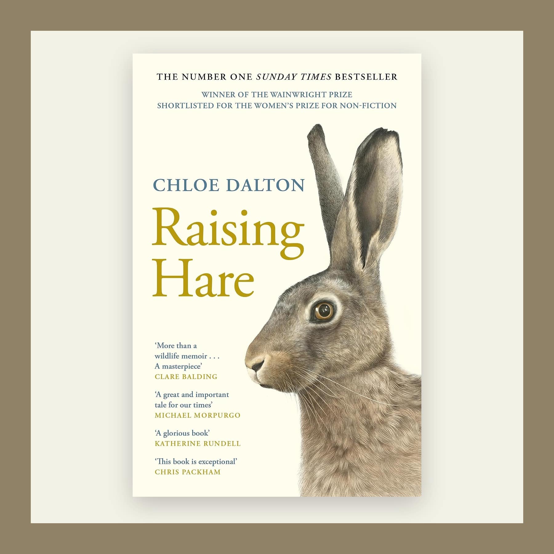 Cream cover of Raising Hare with a painted brown hare, in a khaki frame