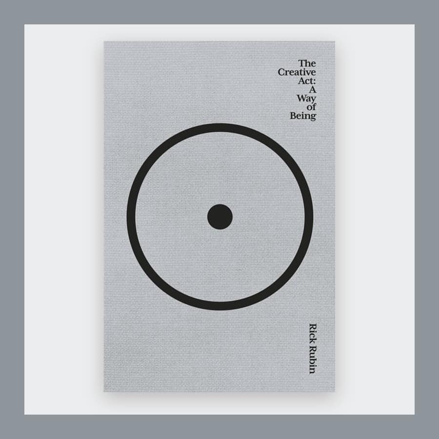 Grey cover of The Creative Act with a black circle and dot, in a grey frame