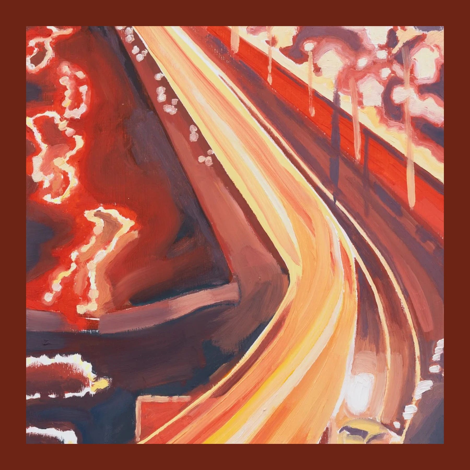 Matthew Clifton painting of orange and yellow light trails curving along a road at night, with glowing red illuminations