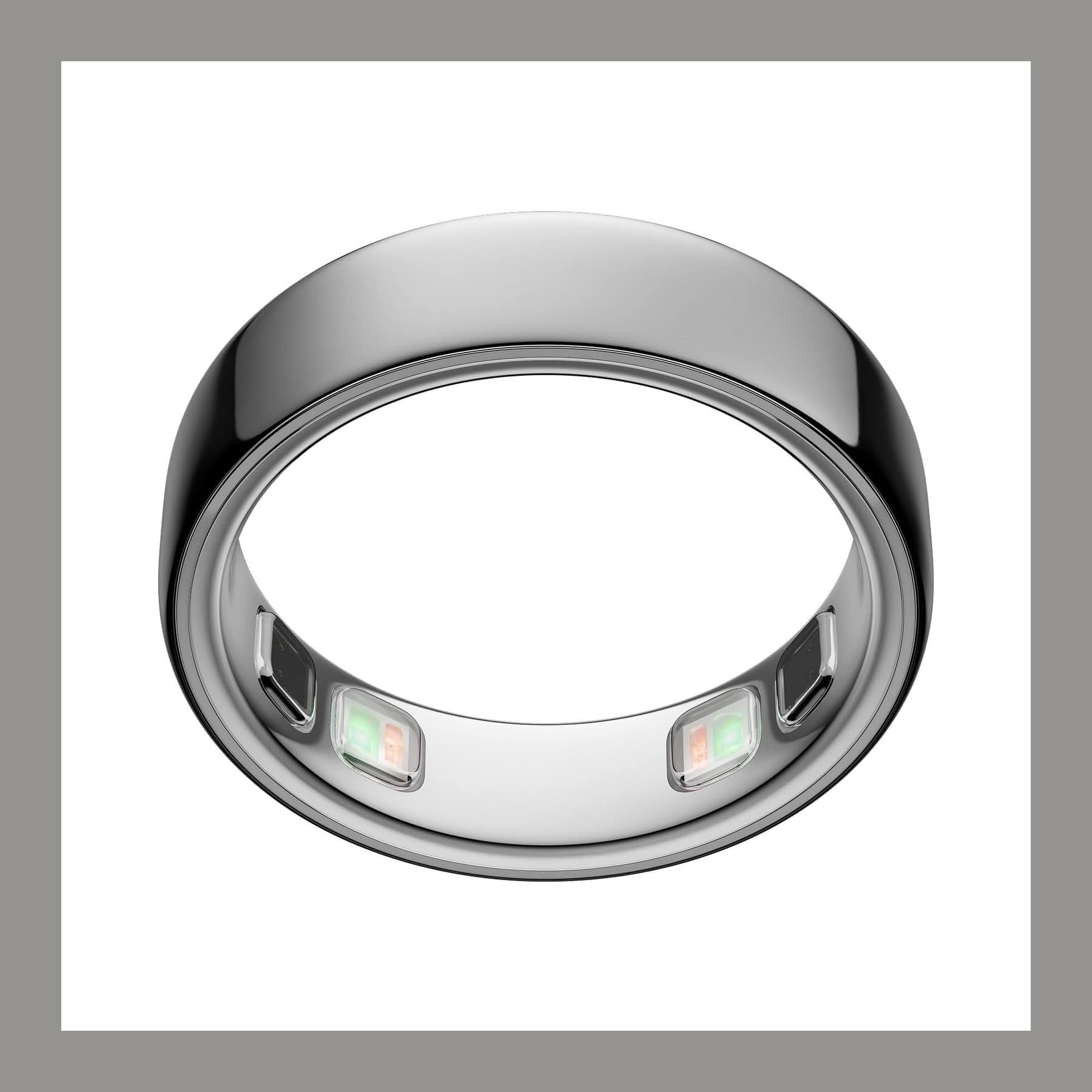 Oura Ring 5 smart ring in silver titanium with the sensors visible inside the band