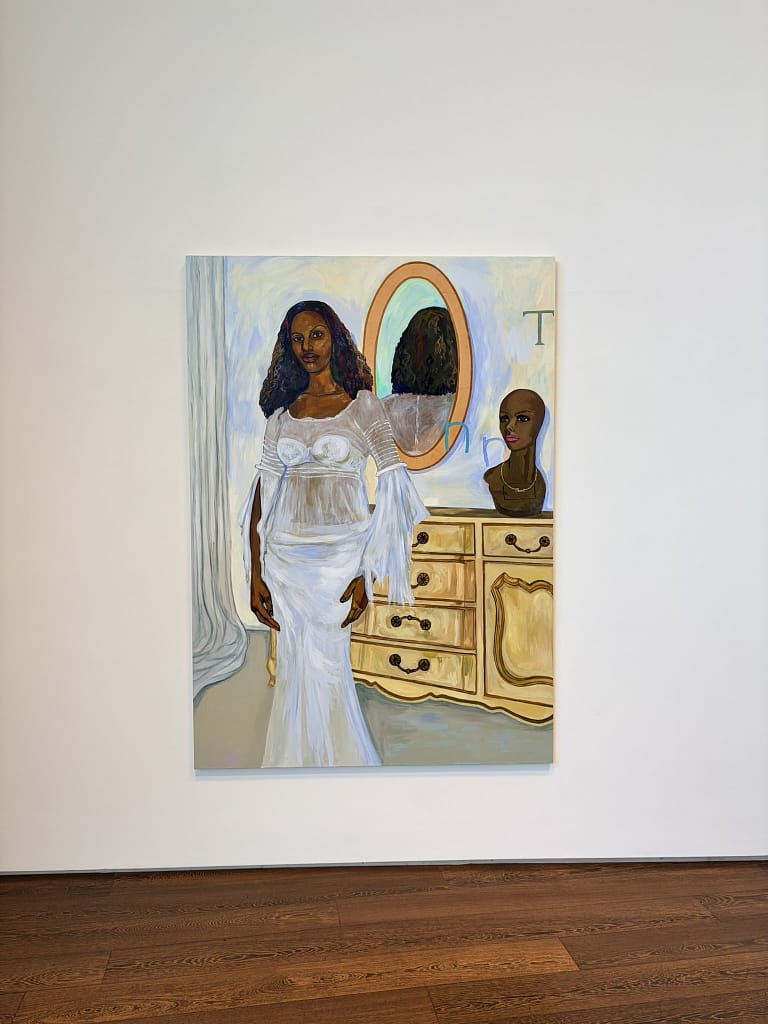 Painting of a woman in a white dress beside a cream dressing table, an oval mirror and a mannequin head