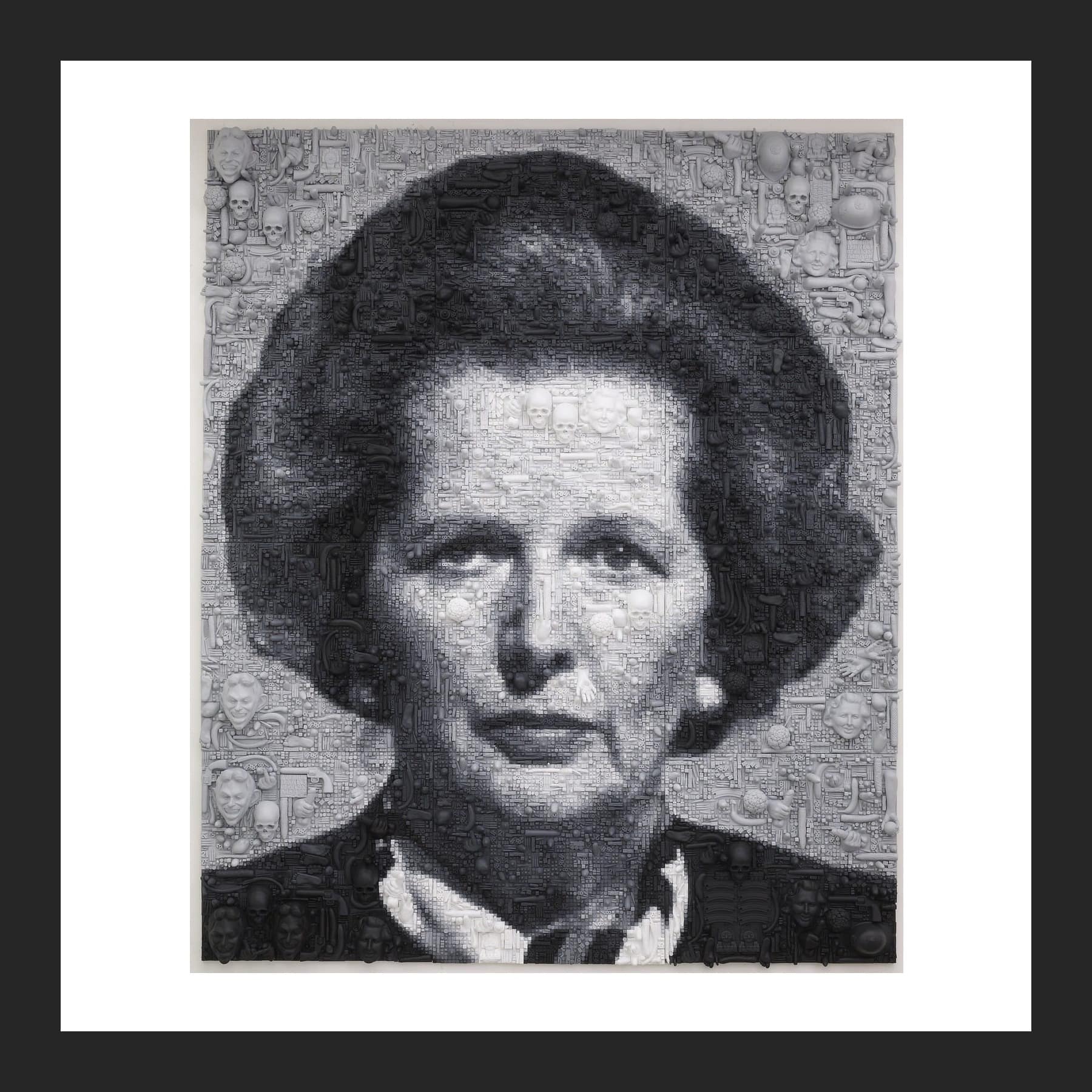 Monochrome relief portrait of Margaret Thatcher made from many small cast plaster objects