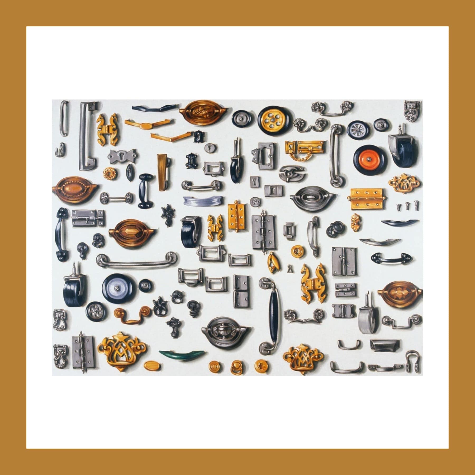 Painting of rows of door handles, hinges, castors and brass fittings on a pale grey background