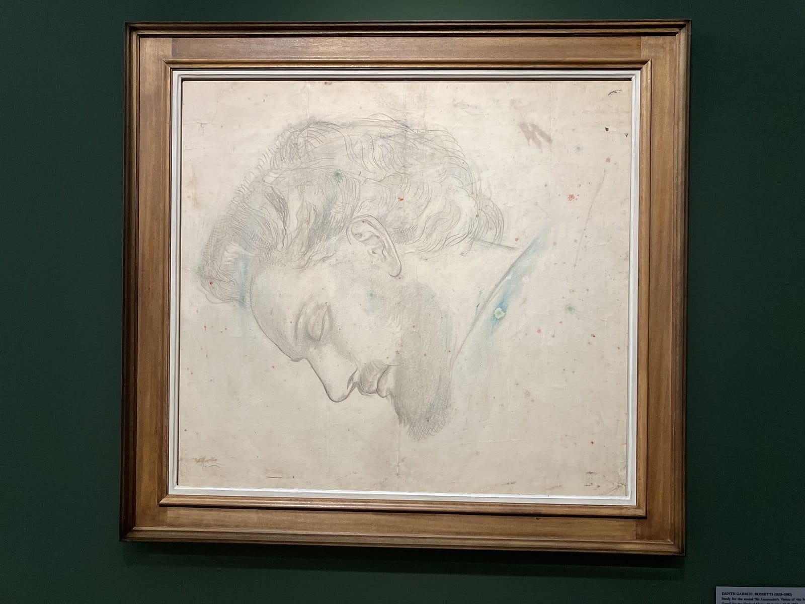 Dante Gabriel Rossetti pencil study of a sleeping man's head in profile, in a wooden frame on a dark green wall