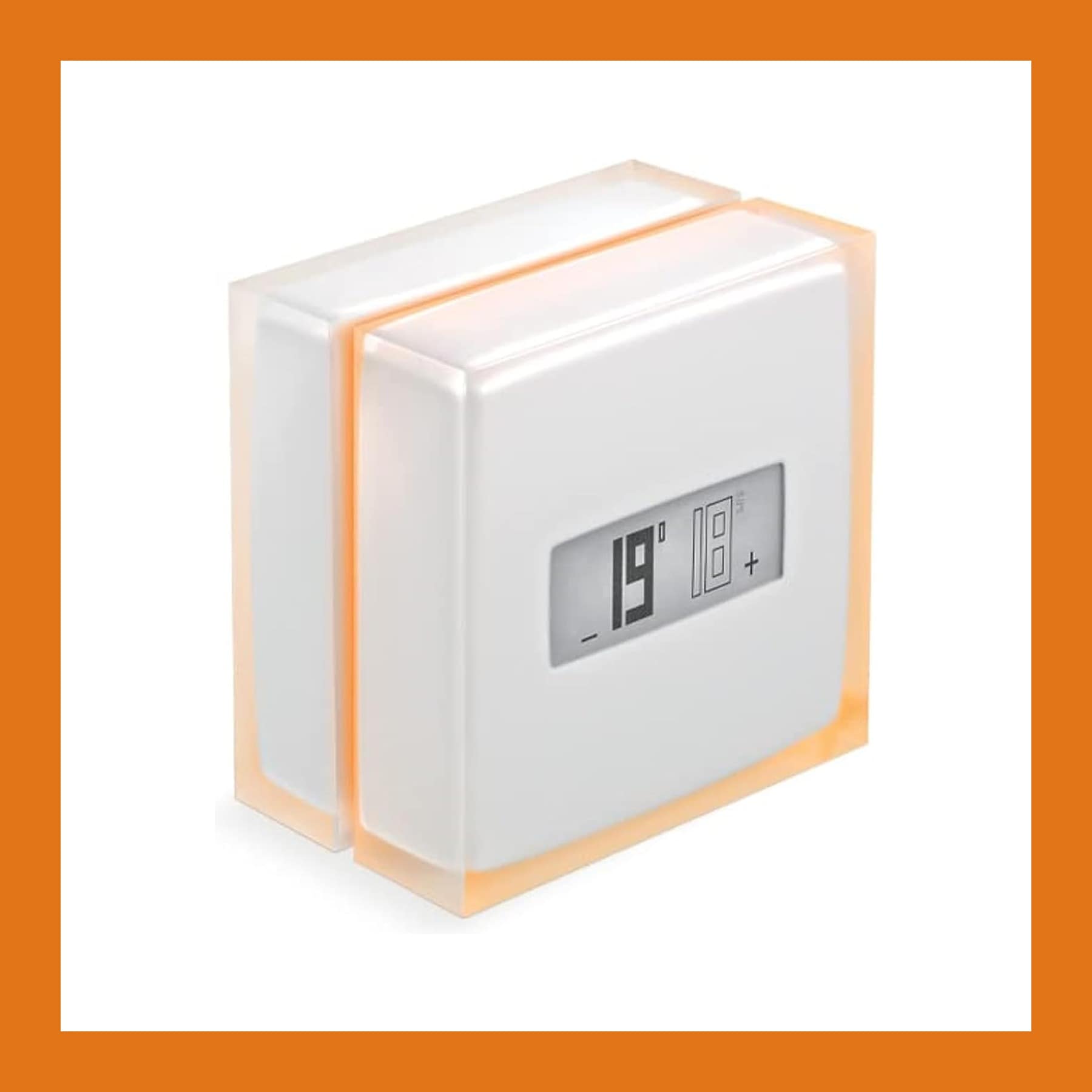 Netatmo Smart Thermostat, a white translucent cube with an orange edge and an e-paper temperature display
