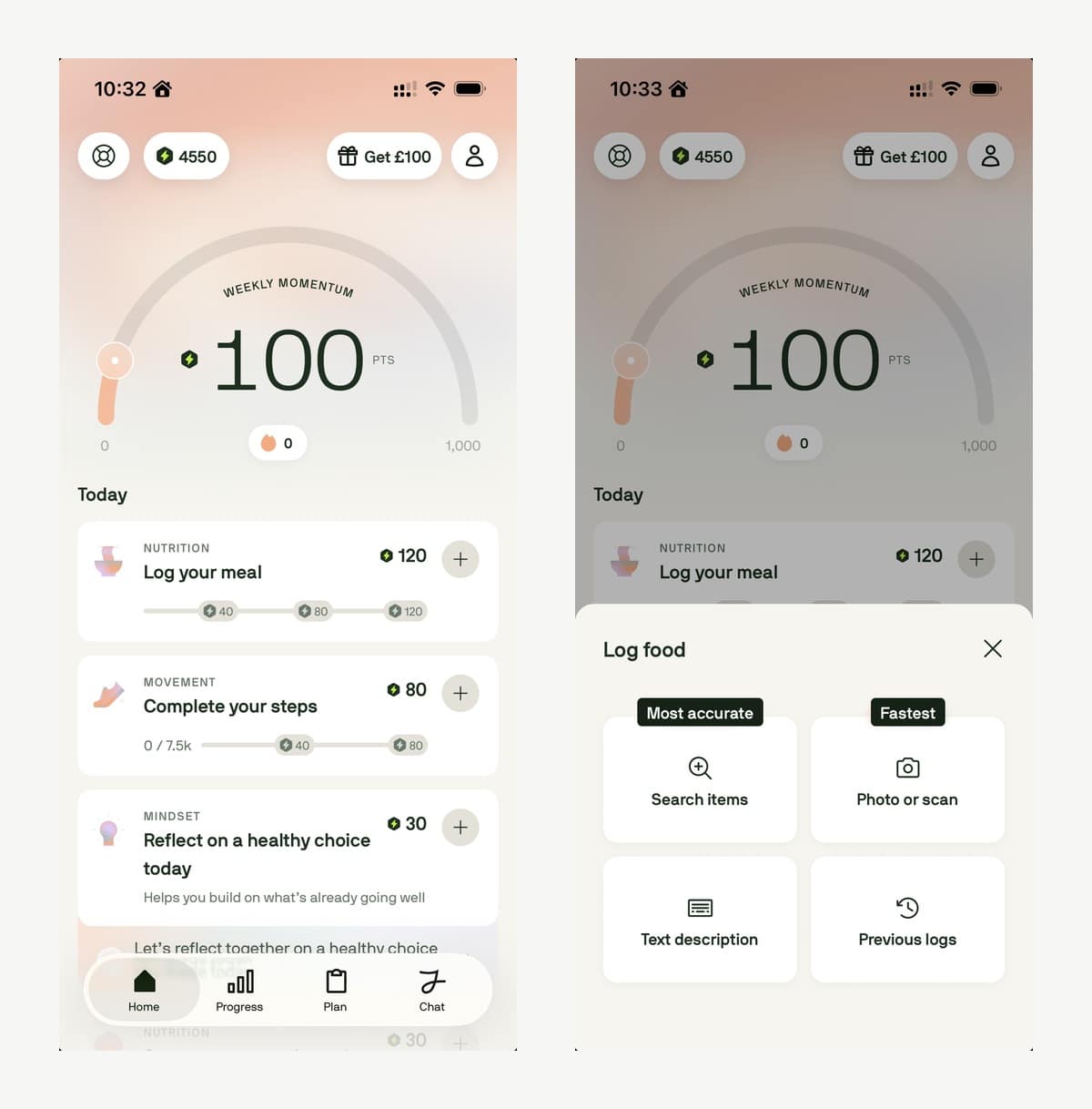 Two Voy app screens, the daily points home screen and the Log food sheet