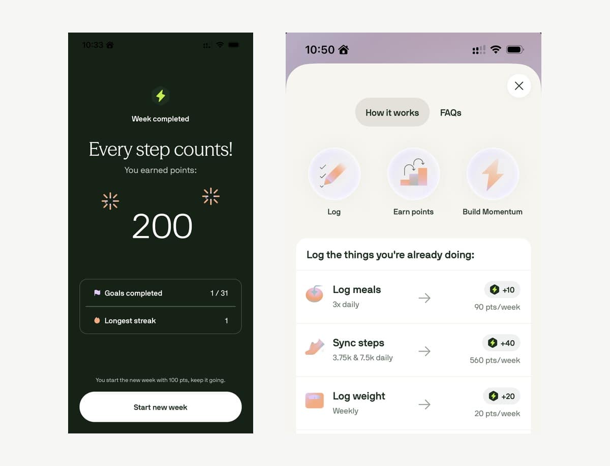 Voy app week completed screen beside the How it works points list