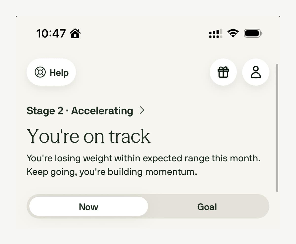 Voy app progress screen reading Stage 2 Accelerating and You are on track