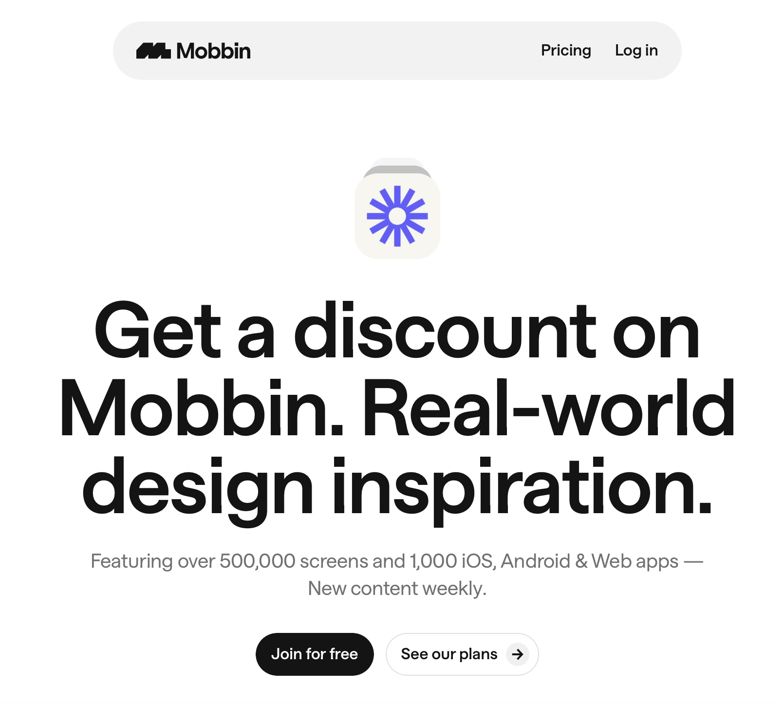 Mobbin referral landing page showing Get a discount on Mobbin headline