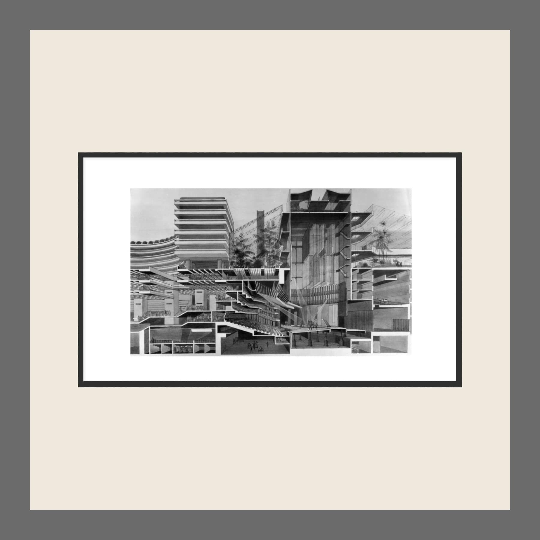 Barbican art print of the Cross Section drawing, framed in black on a stone ground