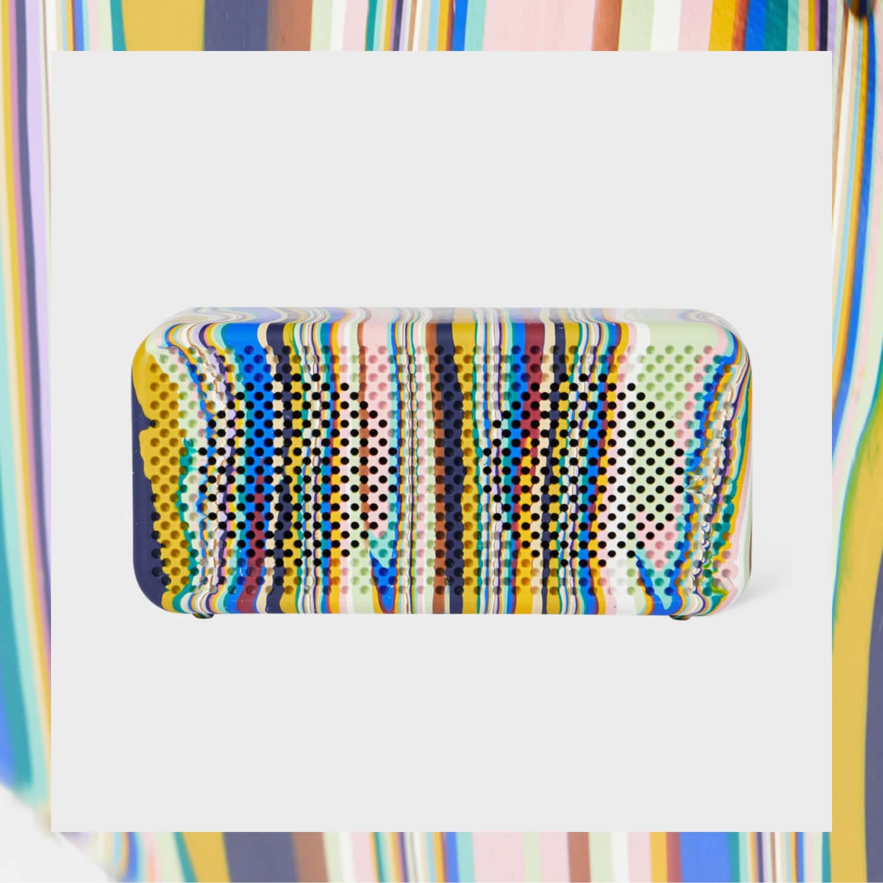 Gomi x Paul Smith Bluetooth speaker with melted Signature Stripe pattern in multicolour recycled plastic
