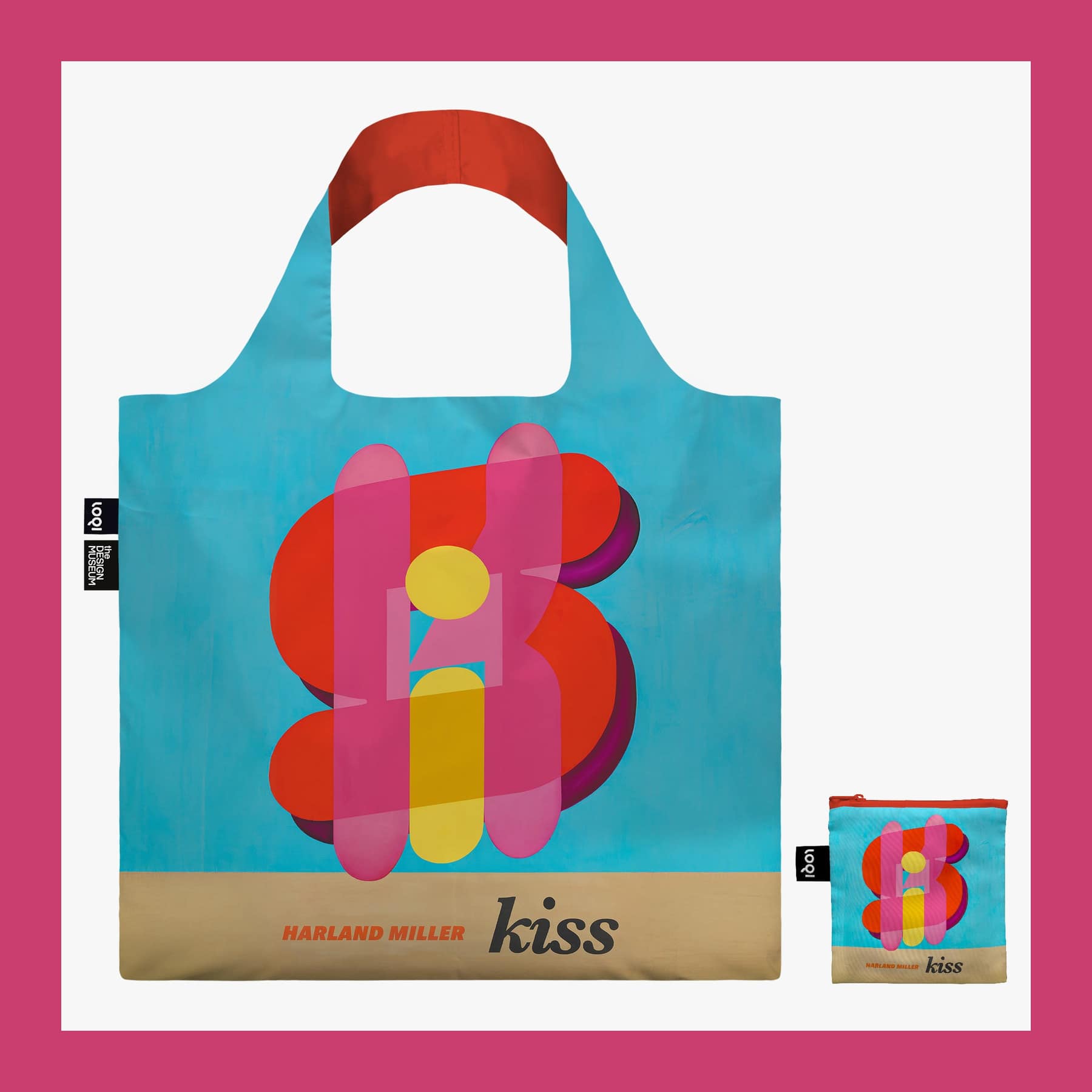 Harland Miller Kiss tote bag in turquoise, pink and red with its folded zip pouch beside it