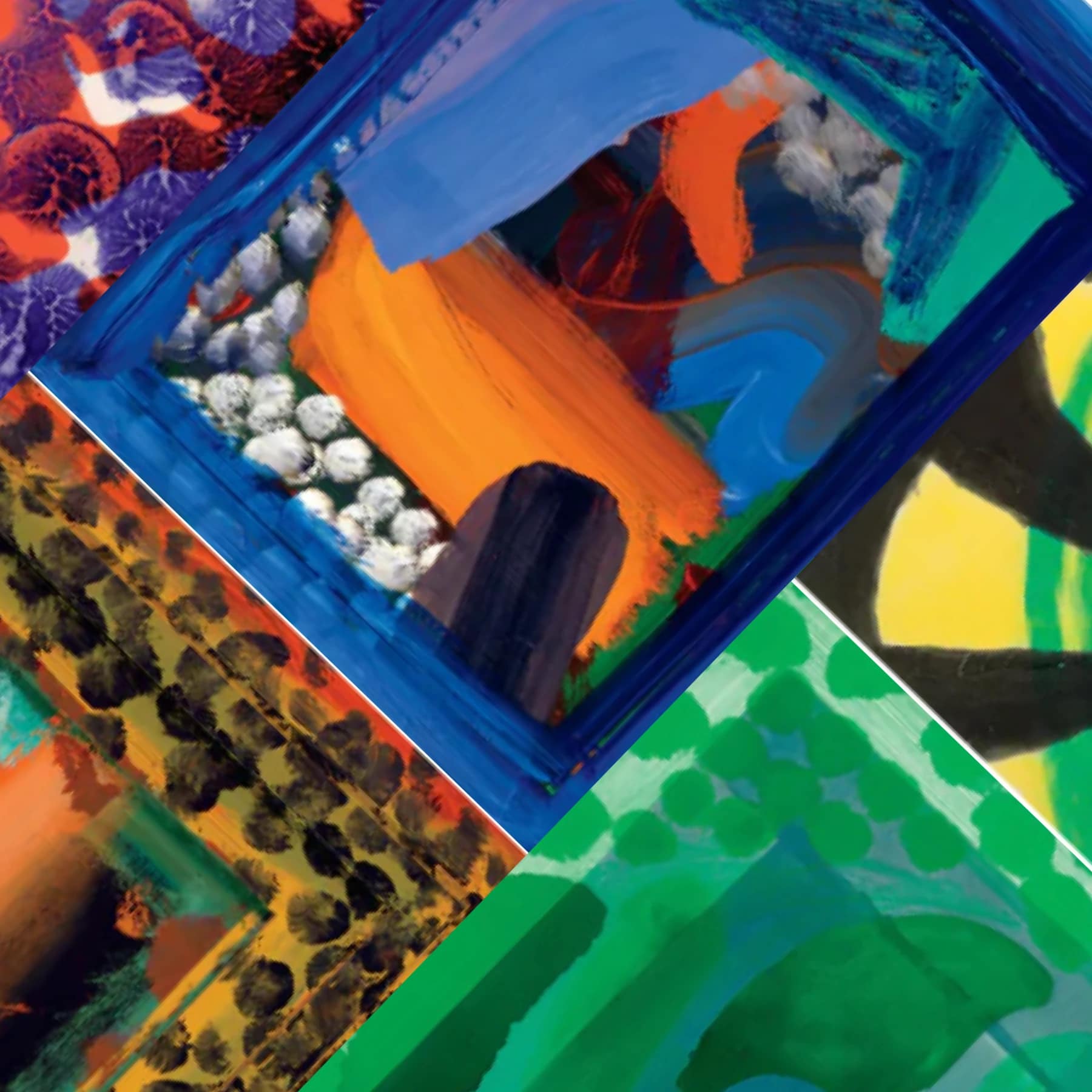 Vibrant abstract artwork inspired by Howard Hodgkin featuring bold brushstrokes, layered colours and overlapping geometric shapes.