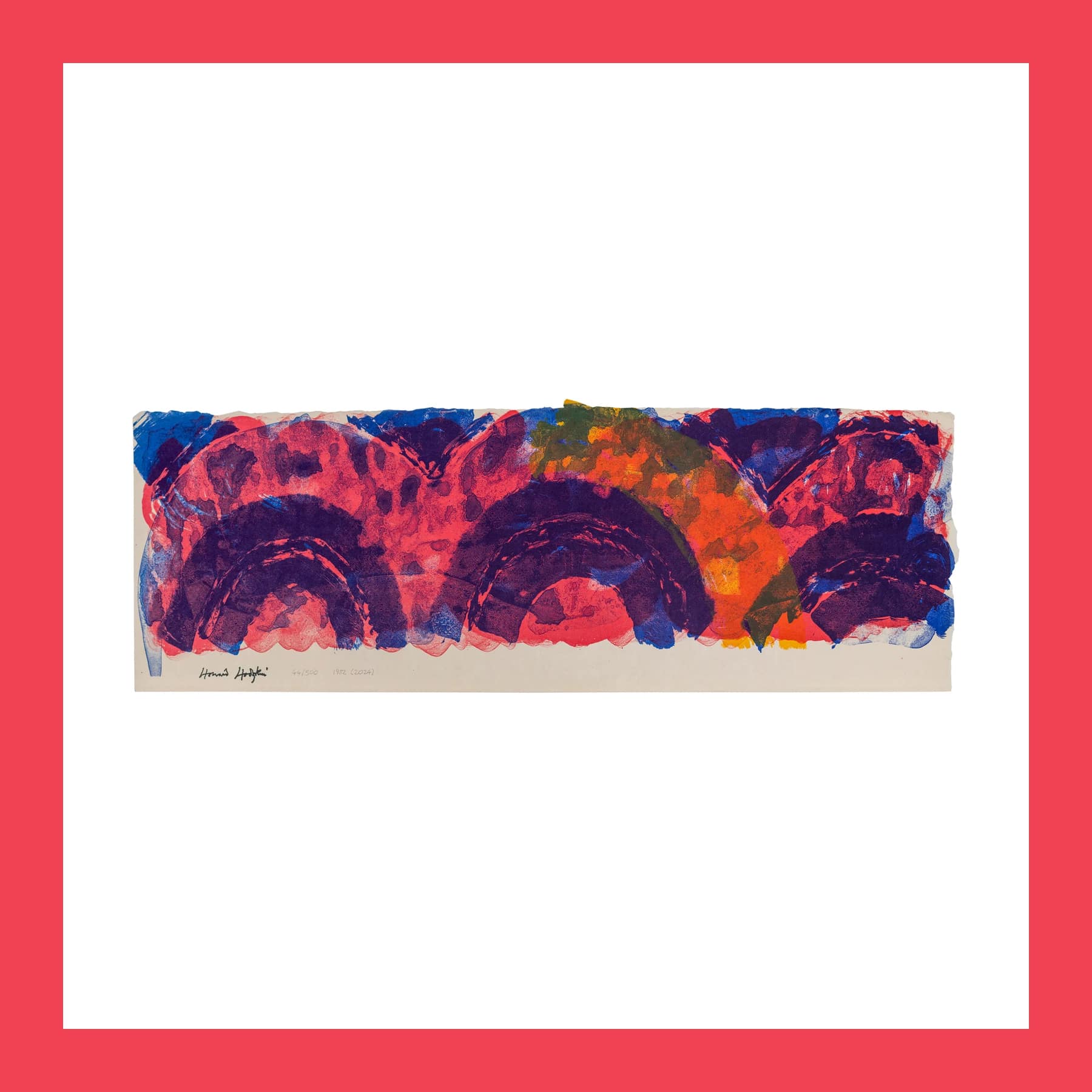 Howard Hodgkin Indian Leaves print shown on a white background with a bold red border, featuring layered red, violet and orange arcs across a horizontal composition.