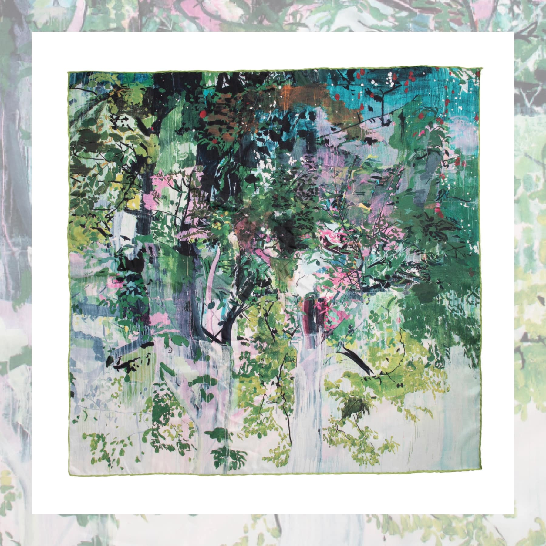 Hurvin Anderson silk scarf featuring green and pink botanical print laid flat