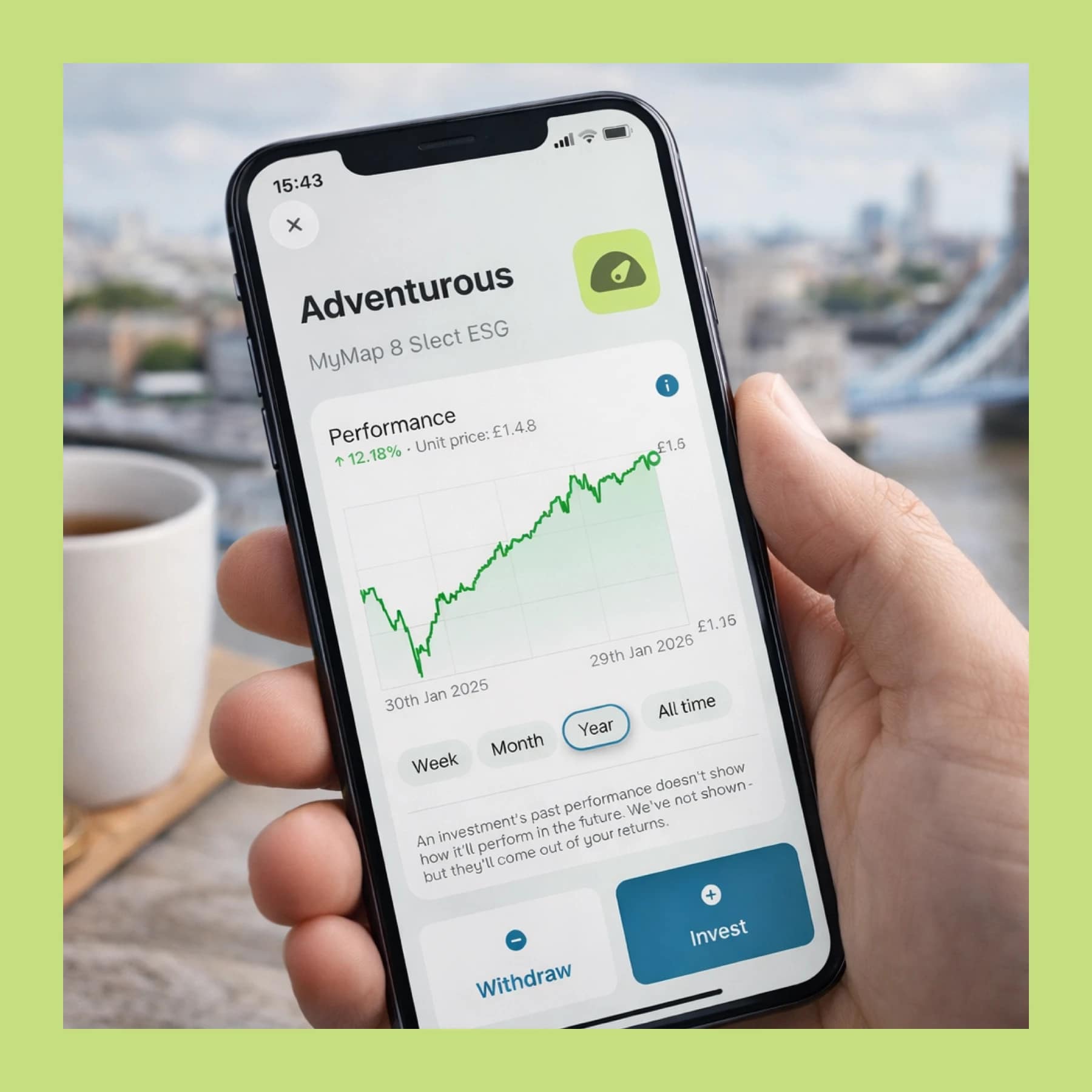 Monzo investments referral link shown on the Monzo Investments screen on a phone, with London skyline in the background.