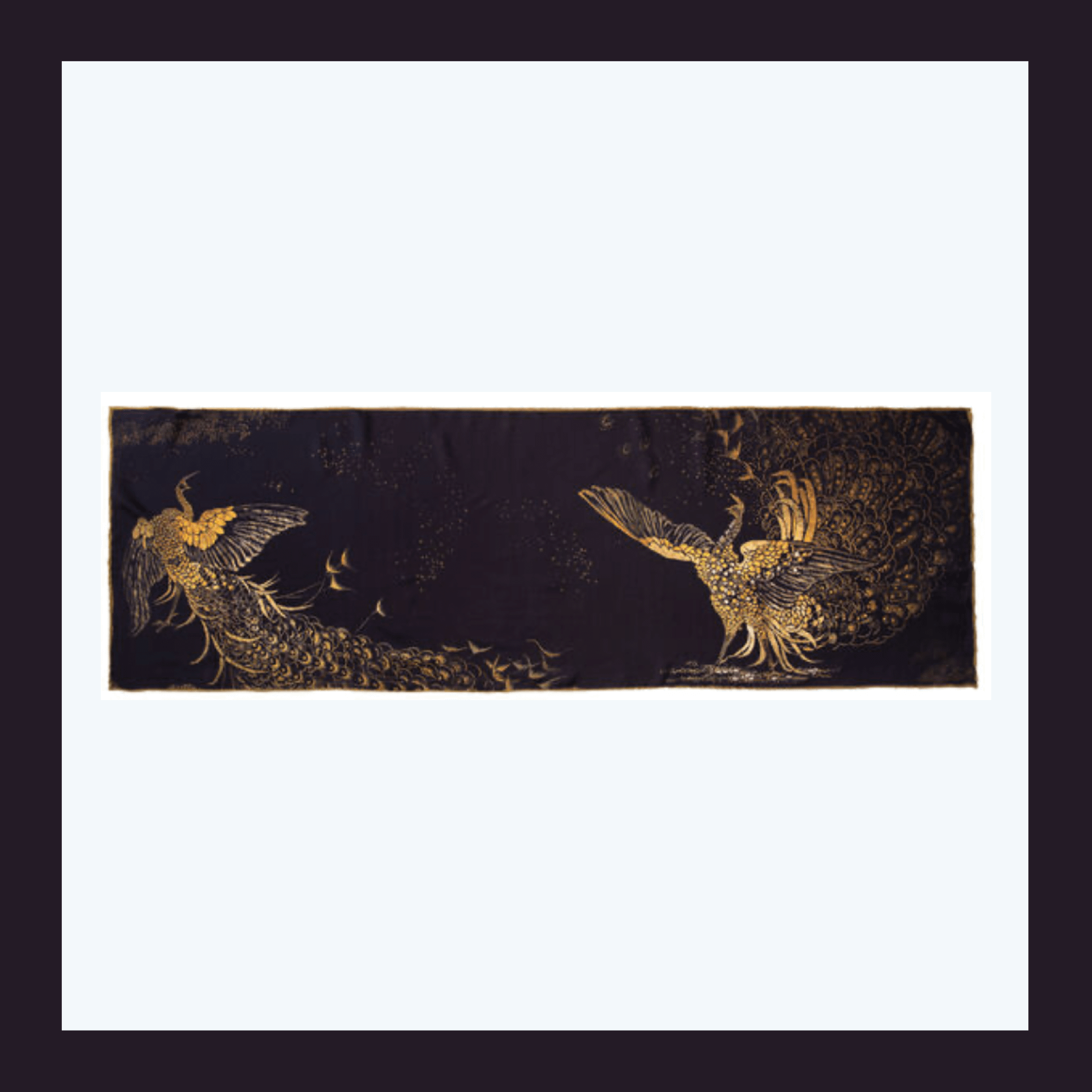 Whistler Peacock Room silk scarf in dark blue silk printed with gold peacocks from Harmony in Blue and Gold.