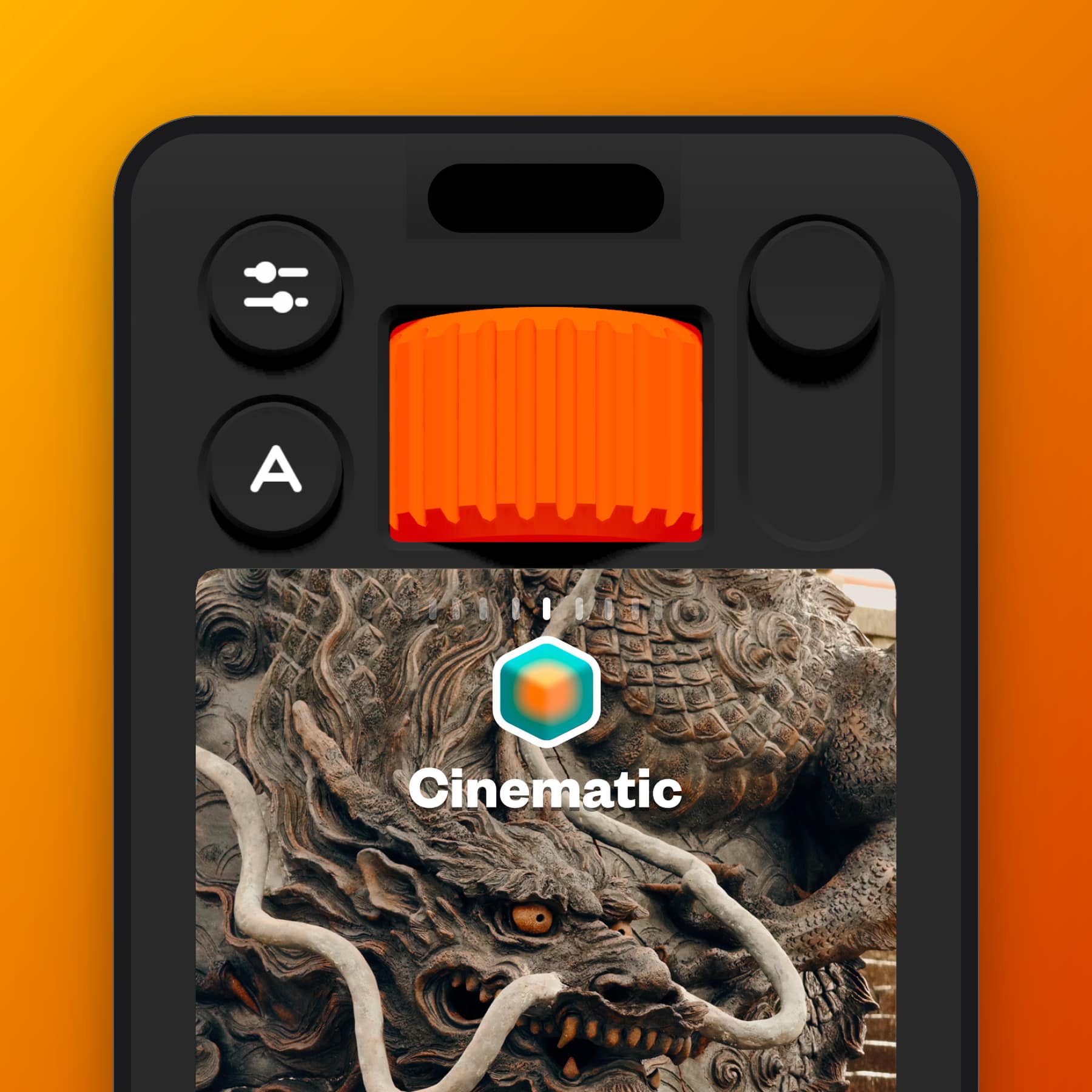 (Not Boring) Camera app on an iPhone showing the orange Style dial, Auto mode and a viewfinder image of a dragon carving